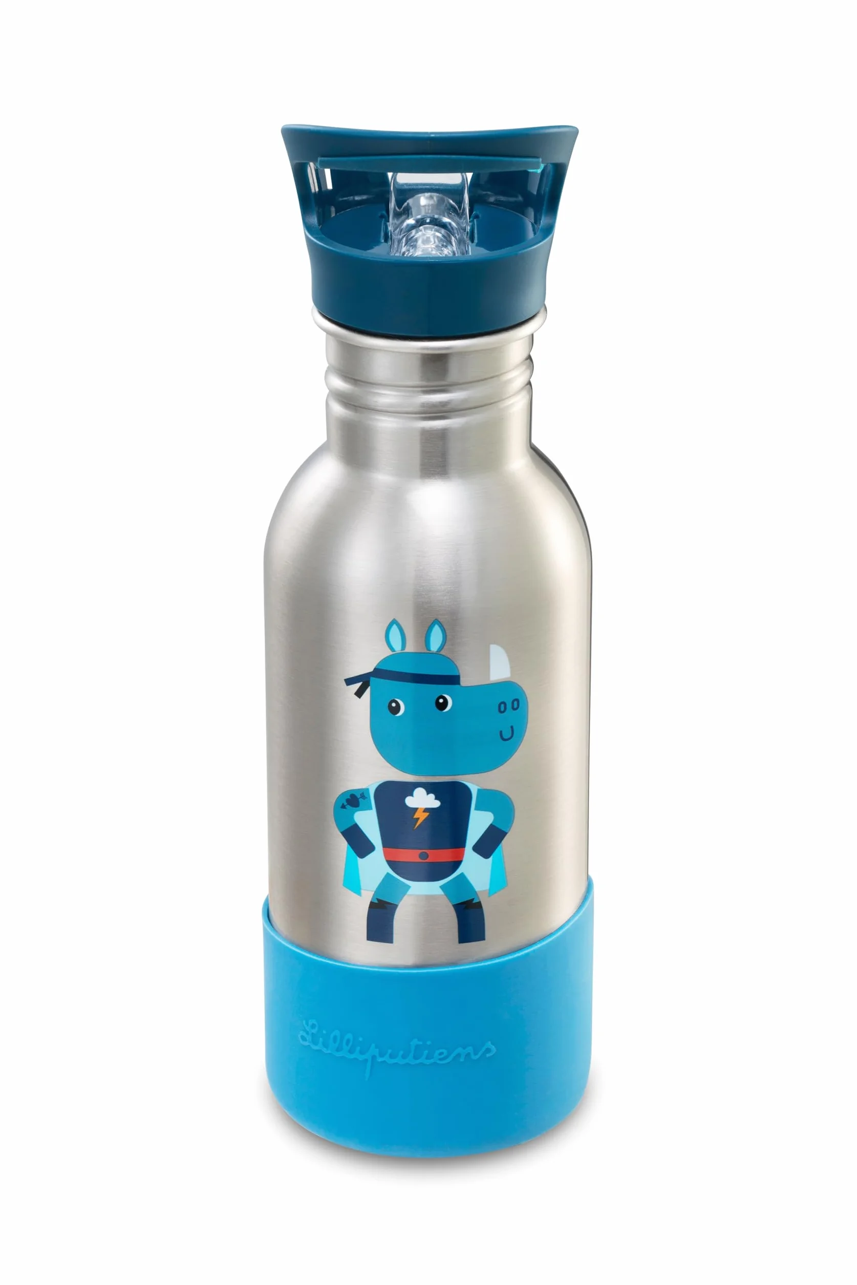 Lilliputiens - Butelka do picia dla dzieci ze stali nierdzewnej 600 ml - Super Marius - ze słomką i odporną na uderzenia silikonową podstawą - idealna do szkoły, na piknik i spacery - od 2 lat - 84473