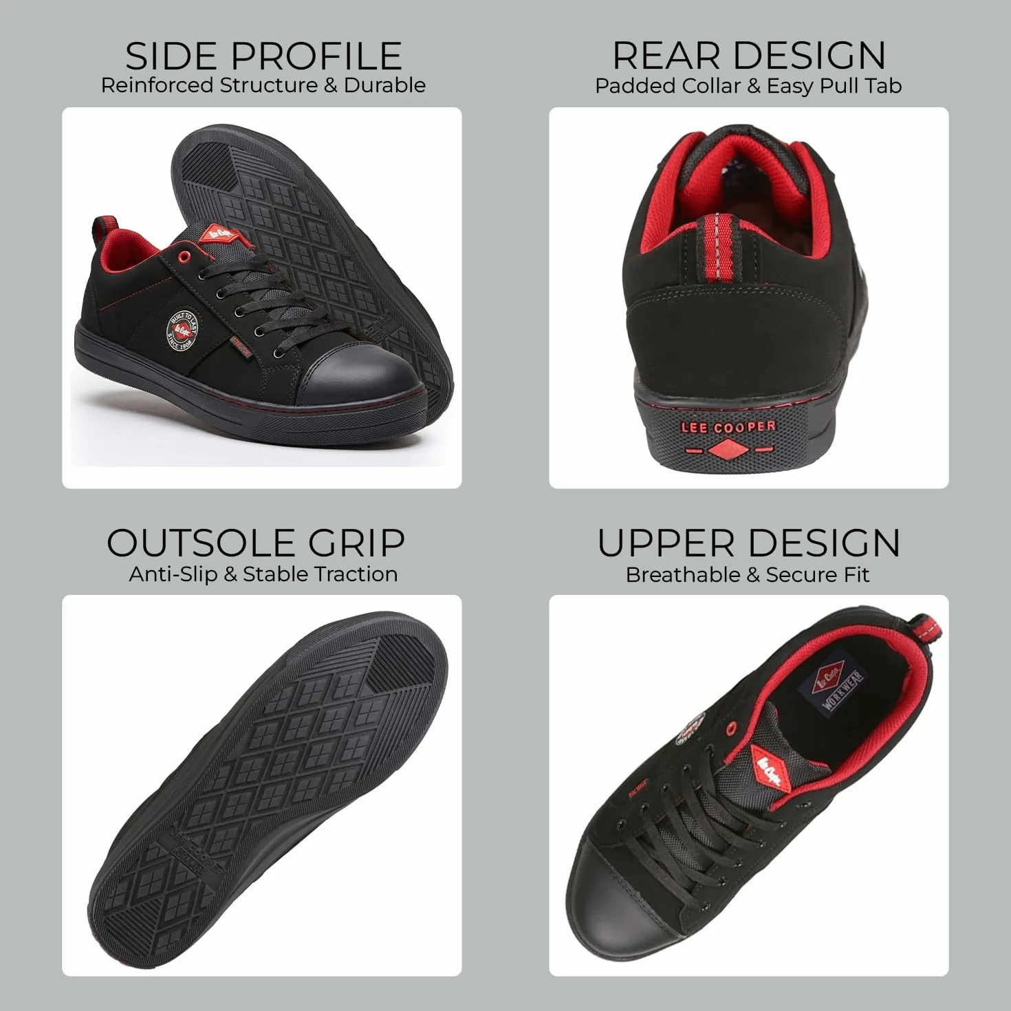 Lee Cooper ‎LCSHOE054 Unisexowe obuwie ochronne robocze SB/SRA w stylu retro baseball nowoczesny design buty robocze BHP, Czarny, 44 EU