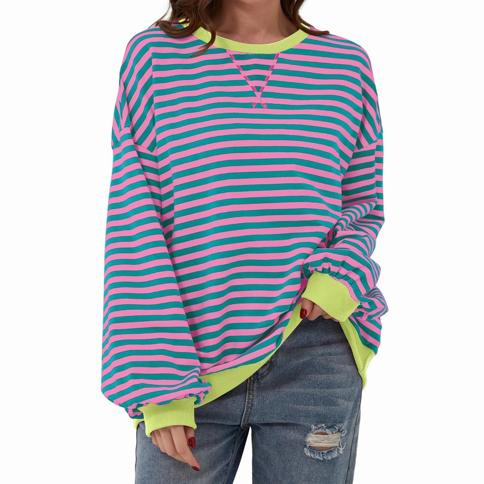 HUIFUAO Bluza damska w paski, kolorowa, pulower, casualowa, z okrągłym dekoltem, długim rękawem, oversize’owa