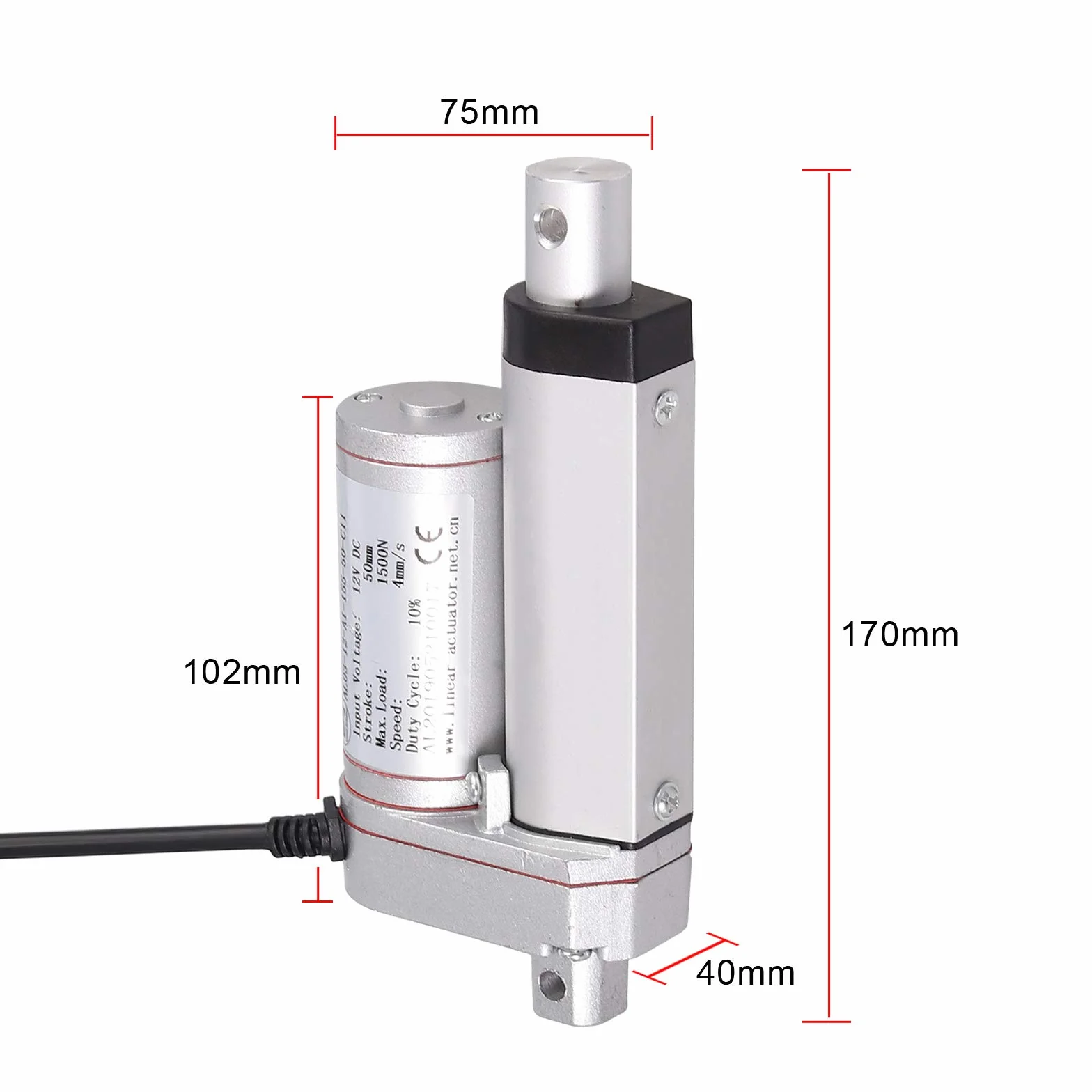 AUTOUTLET siłownik liniowy, do otwierania bramy, do dużych obciążeń 150 kg, 12 V DC, 1500 N, 50 mm, elektryczny siłownik liniowy do samochodów, mebli i innych