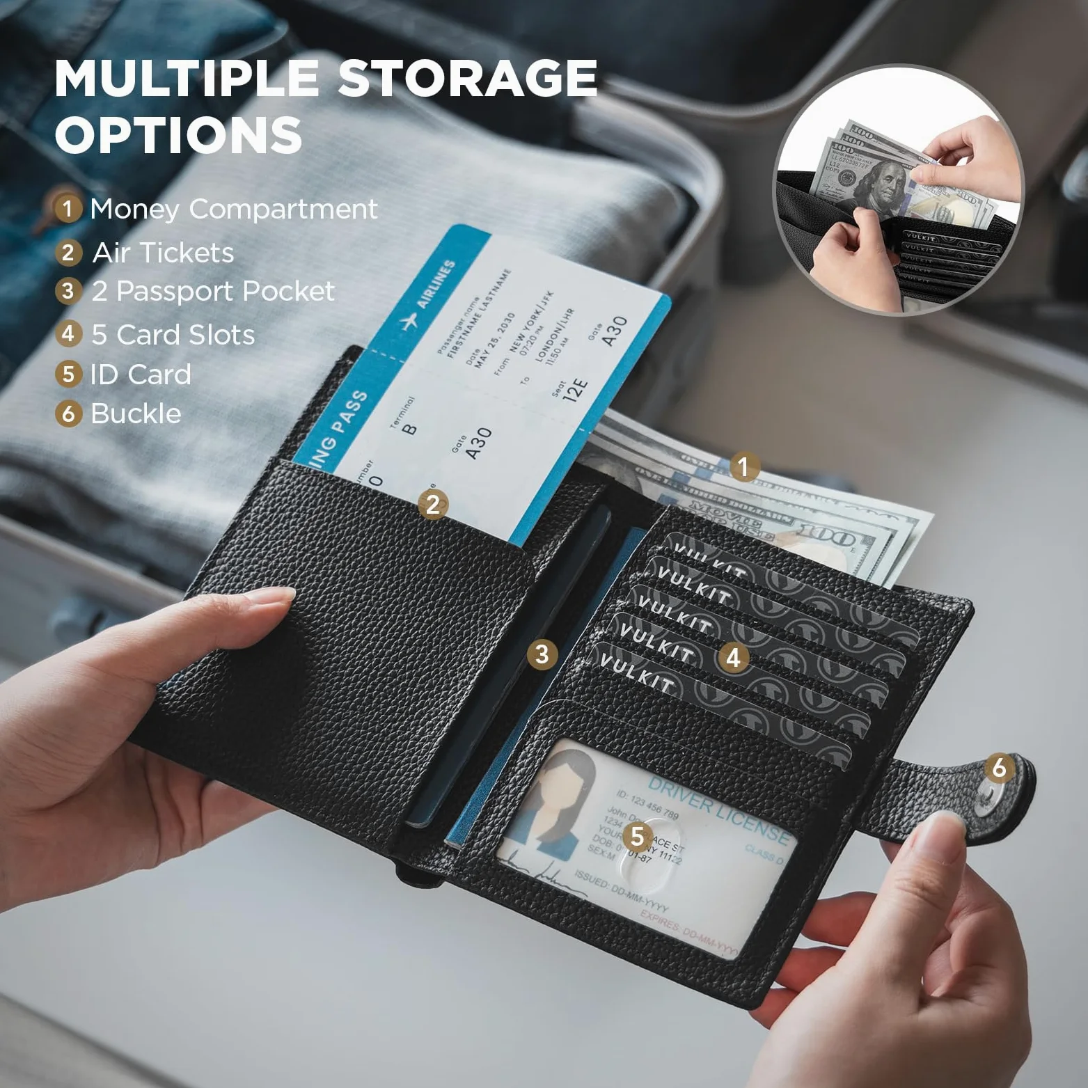 VULKIT Skórzany portfel na paszport na 2 paszporty, wąski, podwójny uchwyt na paszport, blokowanie RFID, portfel podróżny z okienkiem na dowód osobisty, dla kobiet, Czarny (Grain Black), 6.1 x 4.7 x