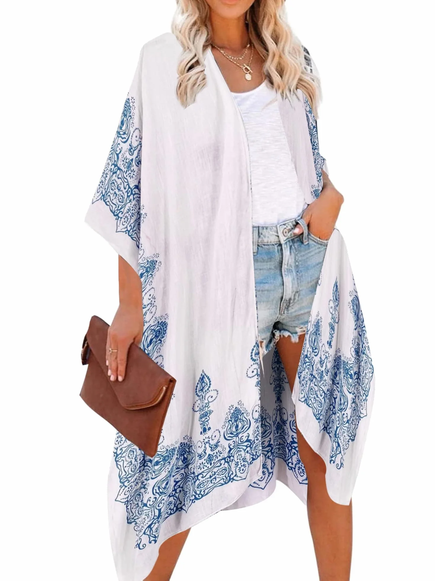 breezy lane Damski strój kąpielowy okrycie kimono kardigan strój kąpielowy strój plażowy boho kwiatowy nadruk odzież kurortowa