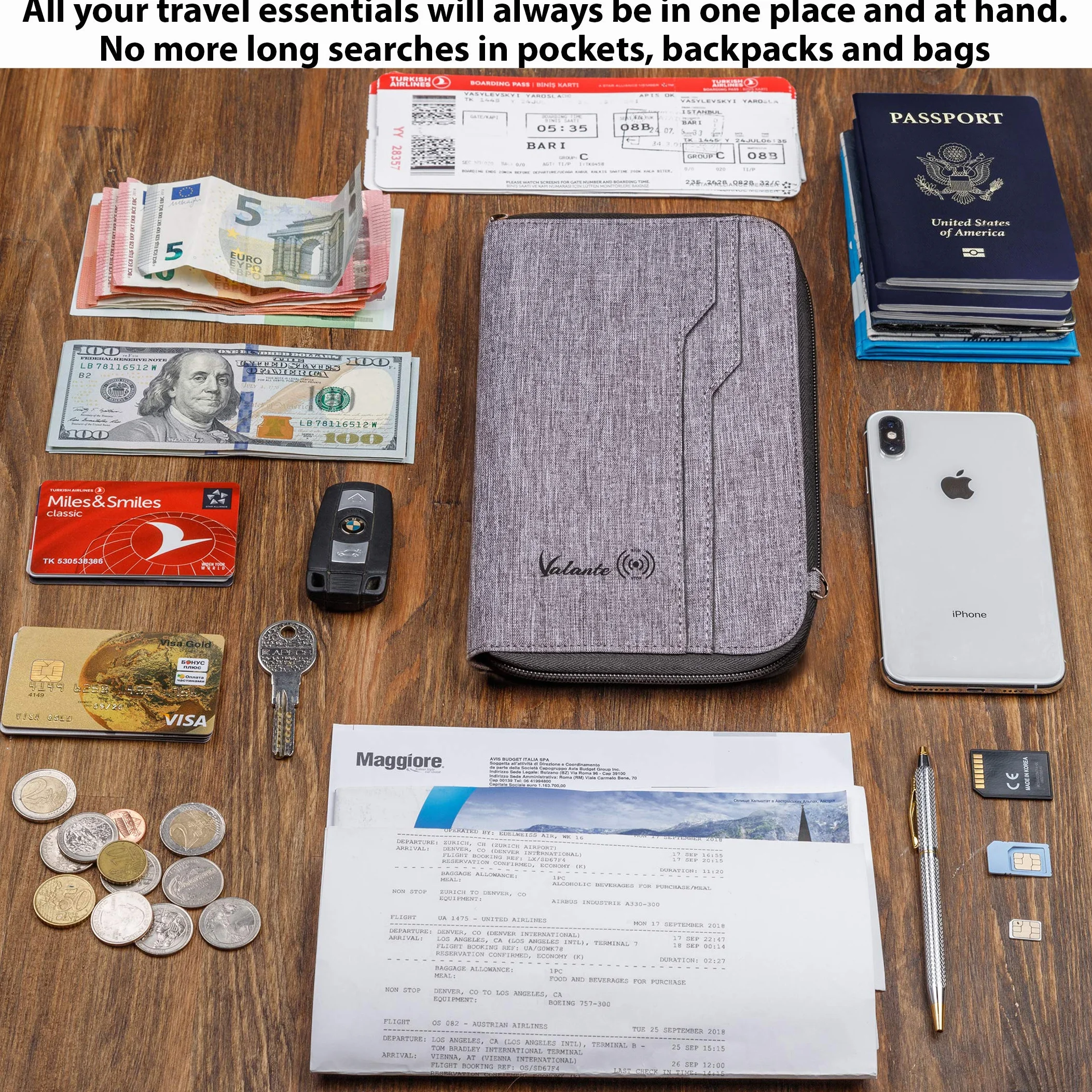 Valante Premium Family Travel Organizer na dokumenty, pojemny portfel RFID na paszport, Szary, L