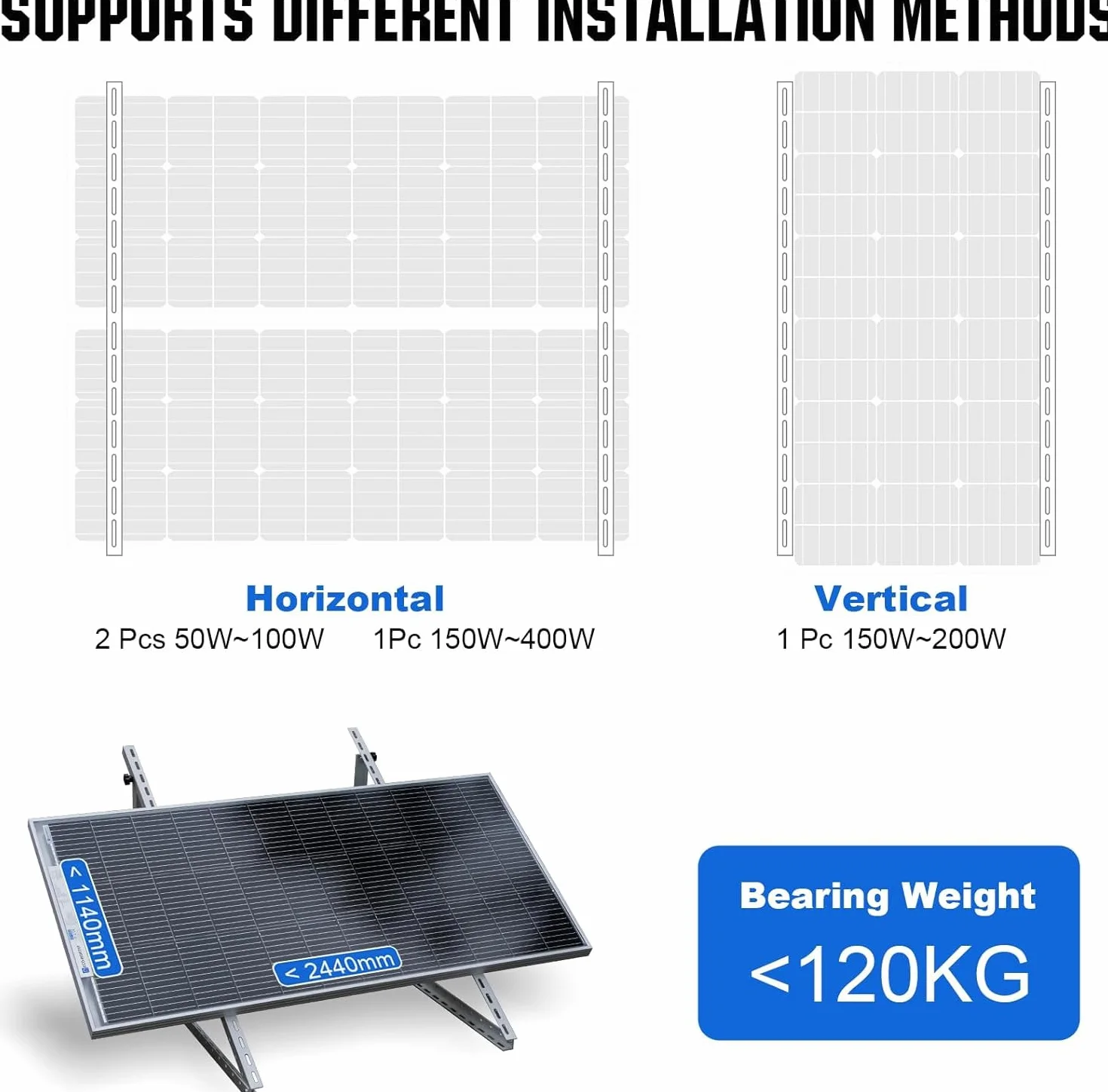 ECO-WORTHY 4 pary uchwytów na panel słoneczny, 1140 mm, uchwyt na moduł solarny, mocowanie balkonowe do panelu słonecznego, regulowany uchwyt 0-90°, do płaskiego dachu, ogrodu
