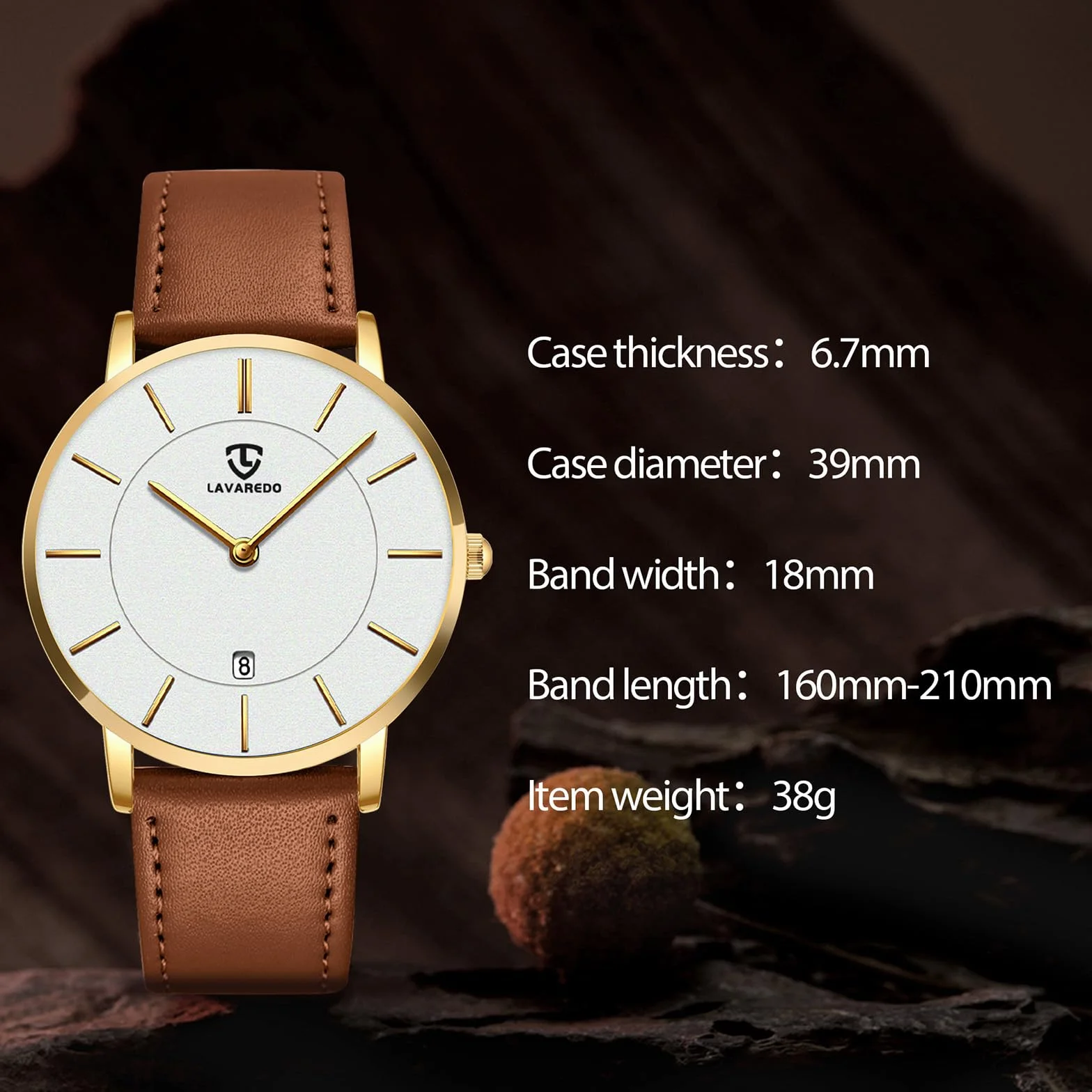 aswan watch Płaski męski analogowy zegarek kwarcowy ze skórzanym paskiem, data, 2 wskazówki, rozmiar koperty 39 mm