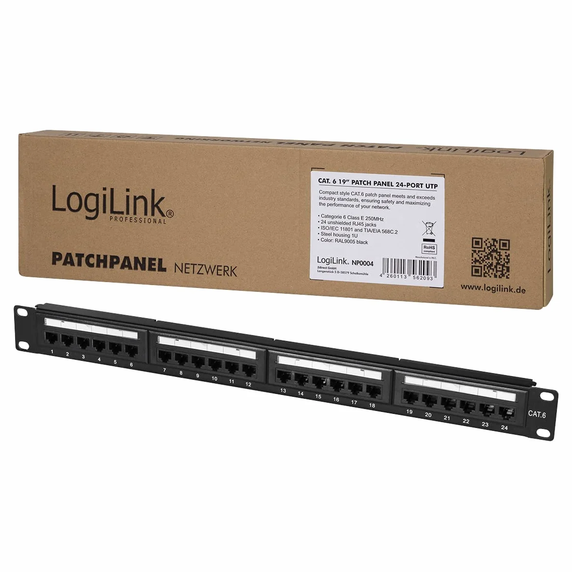 LogiLink Professional EconLine Cat.6 (250 MHz) Patch Panel - panel rozdzielający, 19", UTP (nieekranowany), 24 porty (RJ45)