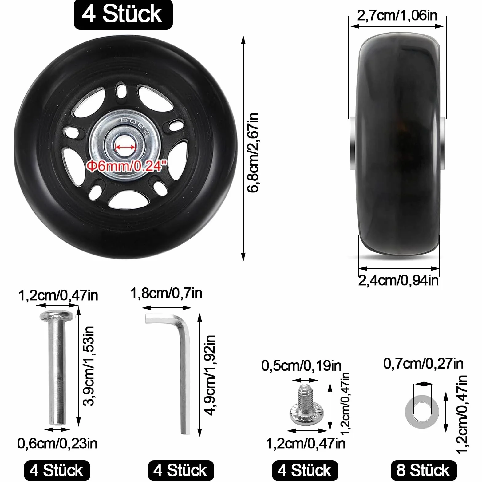 Zapasowe kółka do walizek, 68 mm x 24 mm, gumowe, uniwersalne, 4 sztuki, zapasowy kółka do walizki
