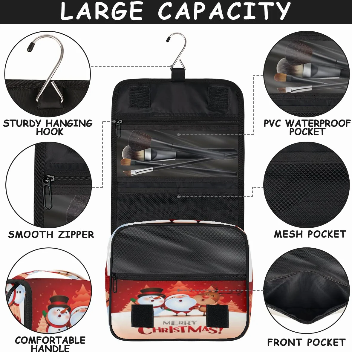 Świąteczna podróżna kosmetyczka Wesołych Świąt Wzory Mycie Torebka Unisex Wiszące przybory toaletowe Kosmetyczka Organizer do makijażu, wielobarwny, Jeden rozmiar