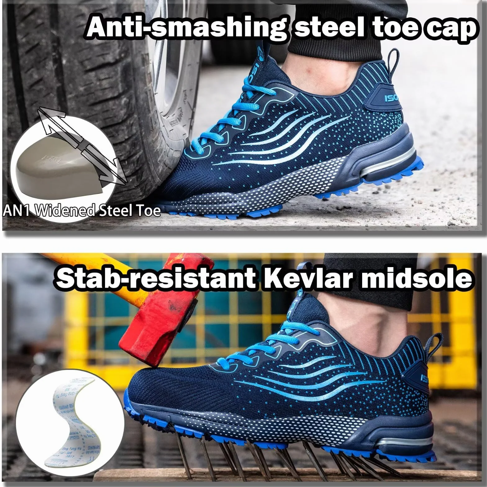 Obuwie Ochronne Męskie Damskie Obuwie Robocze ze Stalowy Nosek Oddychające Lekkie Sportowe Trampki Ochronne Antypoślizgowe ​Antyprzebiciowe Niebieski 42