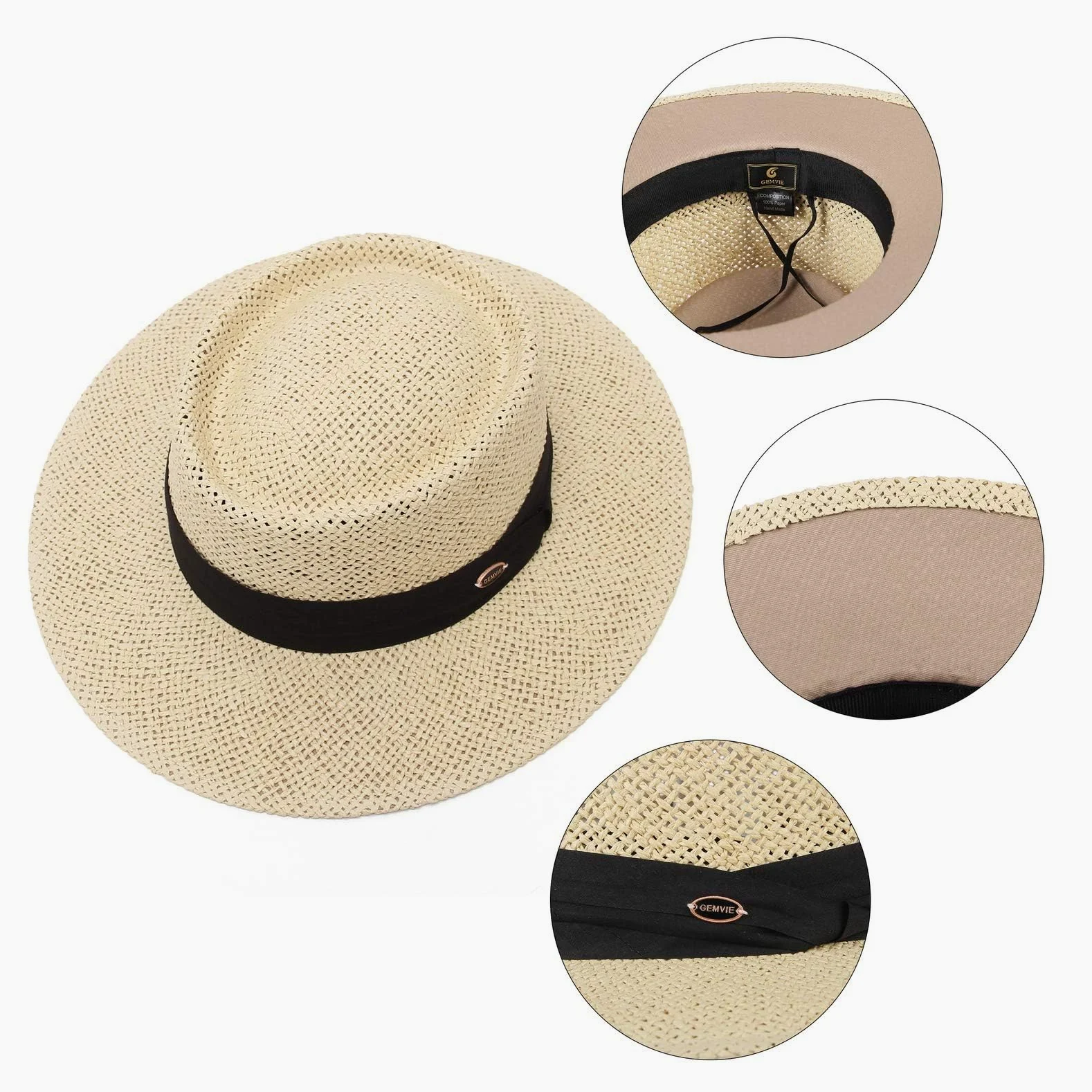 GEMVIE Słomkowy Kapelusz Panama na Plażę Męski Kapelusz Fedora z szerokim rondem Damski Kapelusz Wiosna/Lato Regulowany Regulowany Kapelusz Męski