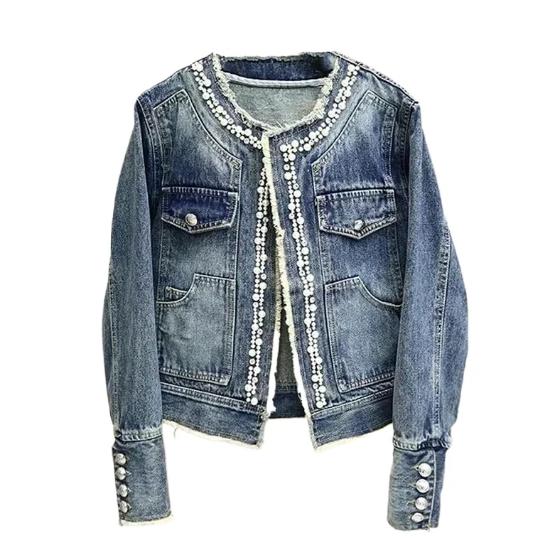 Kurtka Jeansowa Damska - Kurtka Jeansowa Vintage Spring Autumn Z Koralikami Slim Fit Okrągły Dekolt Jednorzędowa Z Kieszenią Jednokolorowa Odzież Wierzchnia