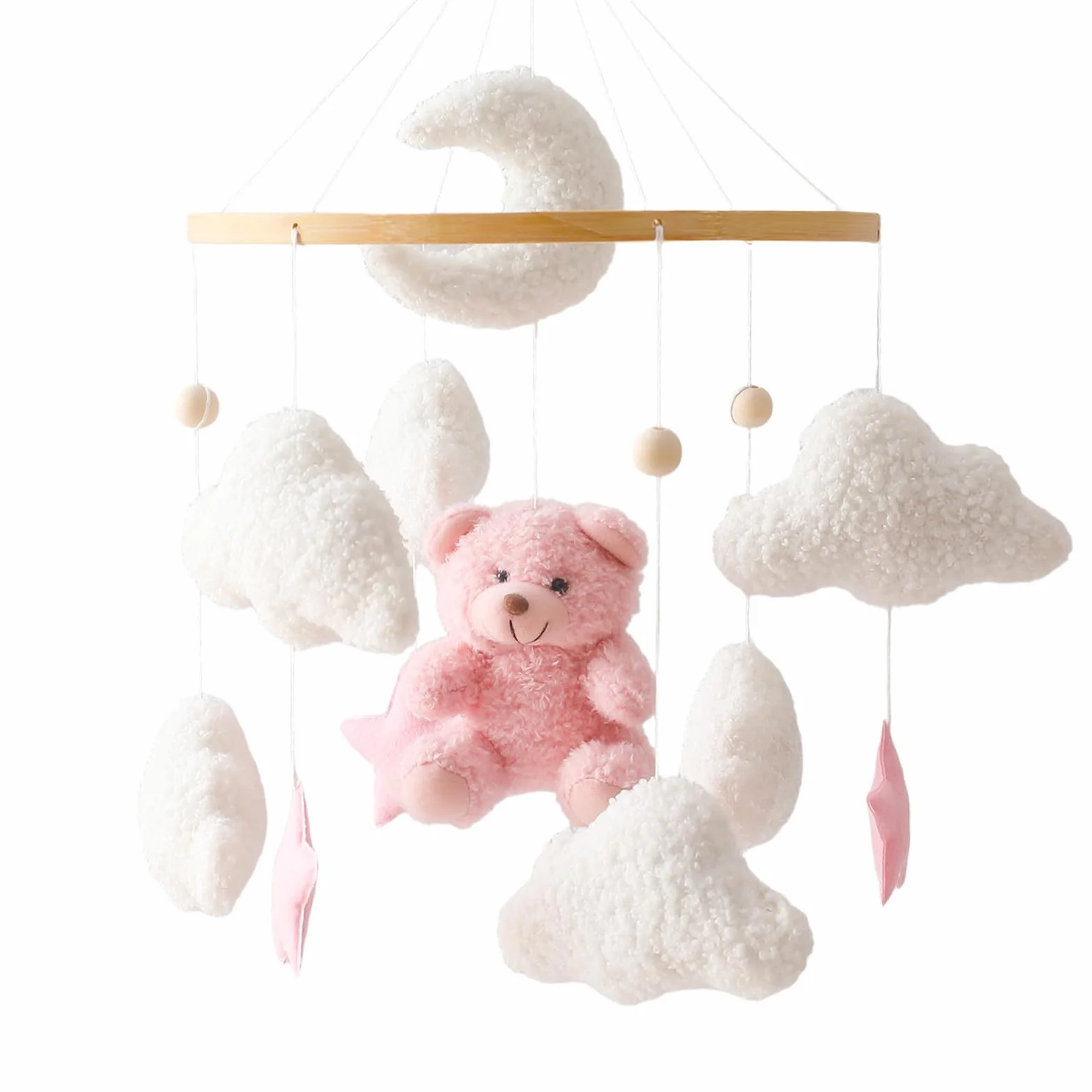 Herfair Mobile Baby Dzwonek do łóżeczka dziecięcego z pluszowym misiem, drewniany, do zawieszenia na łóżeczko dziecięce, różowy