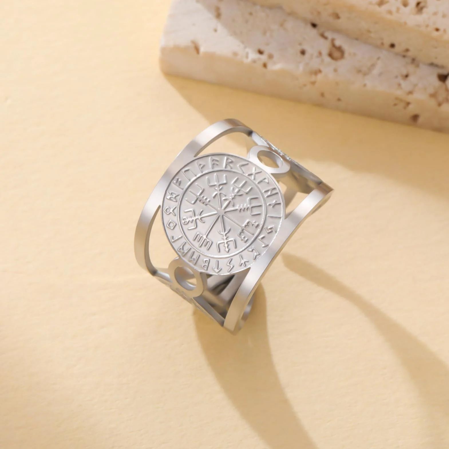 TEAMER Regulowany pierścień Vegvisir ze stali nierdzewnej nordycki kompas runiczny ochrona i przewodnik amulet biżuteria dla kobiet