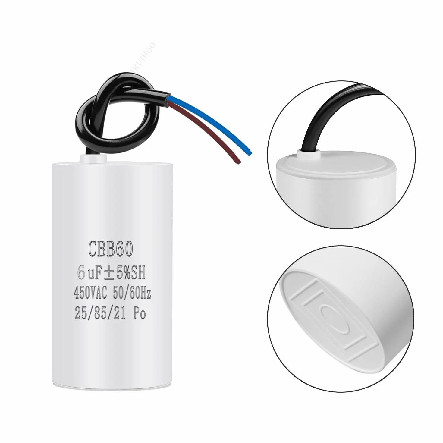 Iruihoo CBB60 450V 6uf 50/60Hz kondensator rozruchowy, kondensator pracy silnika, kondensator przeciwzakłóceniowy rozruchowy silnika, kondensator mikrofaradowy z przewodem