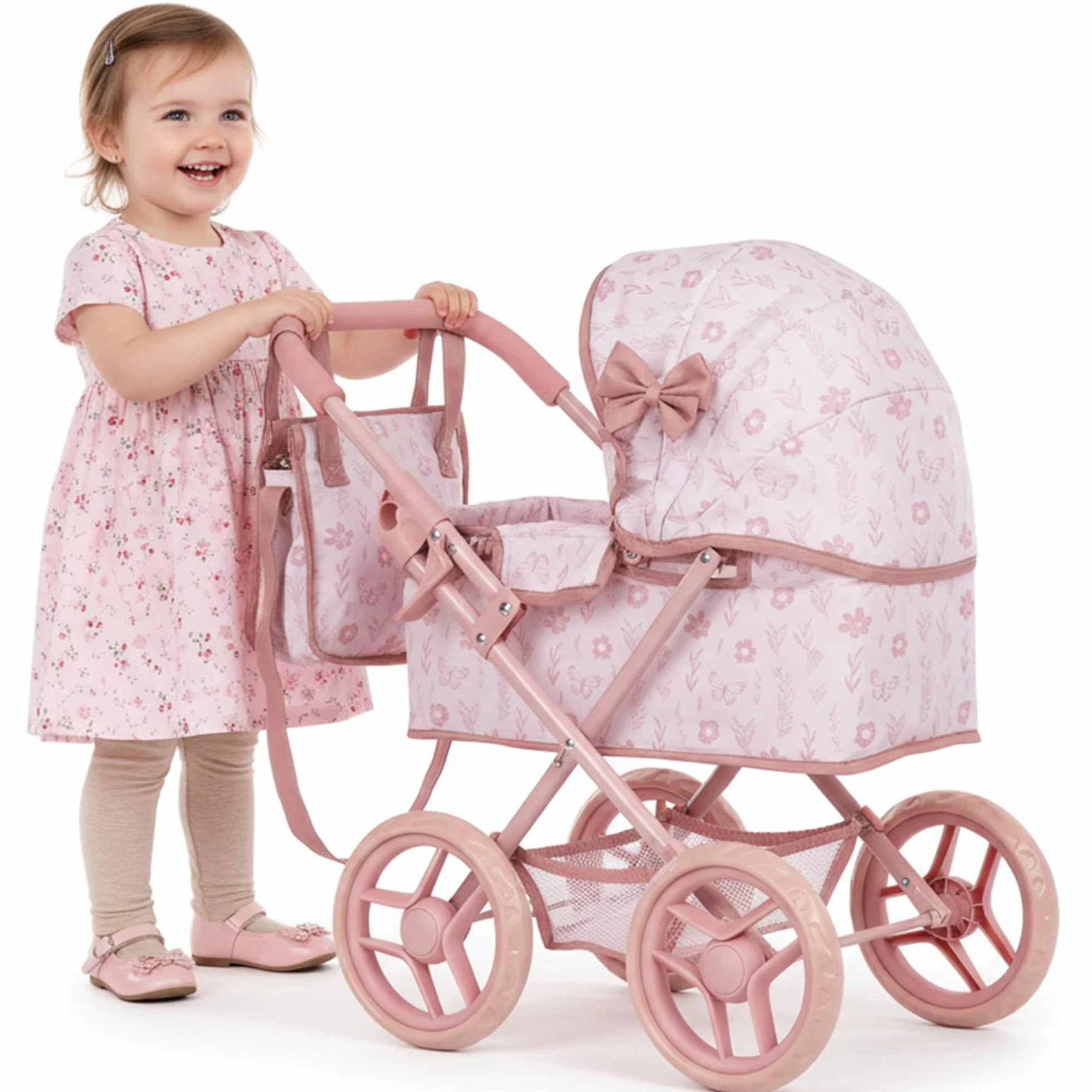 Kinderplay wózek dla lalek od 3 lat – Głęboka gondola z torbą i koszem – Lekka konstrukcja z cichymi piankowymi kołami – Wózek-zabawka dla lalek do 30 cm