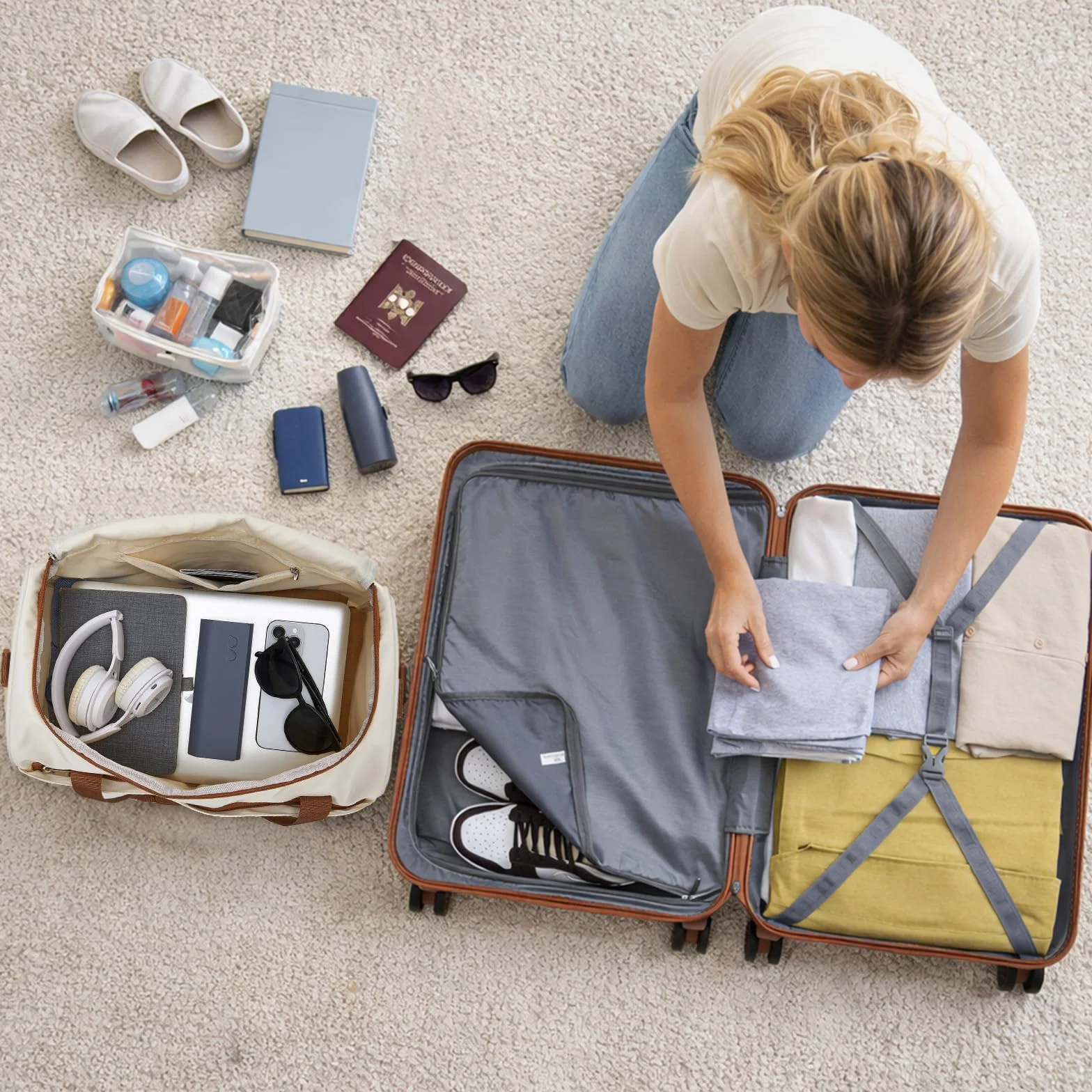 Kono Zestawy bagażowe Lekka walizka z twardą obudową ABS z zamkiem TSA + torba kabinowa Ryanair 40 x 20 x 25 cm, Kremowy, biały, 20 Inch Luggage Set, Carry on