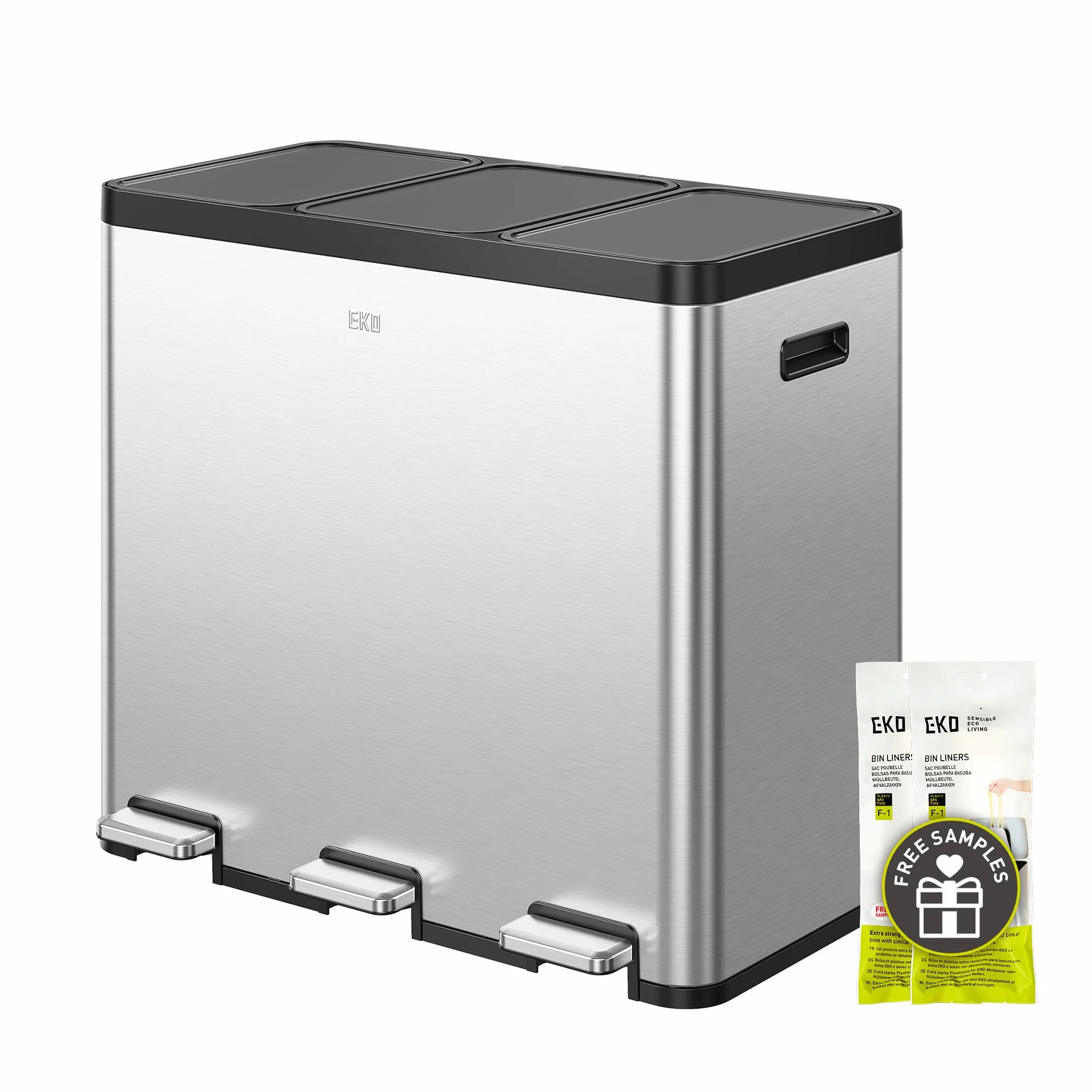 EKO Essential kosz na śmieci z 3 przegródkami, 3 x 20 l, system segregacji śmieci, w zestawie 20 worków na śmieci, duży kosz na śmieci z pokrywką, delikatne zamykanie i hermetyczny, szczotkowana stal