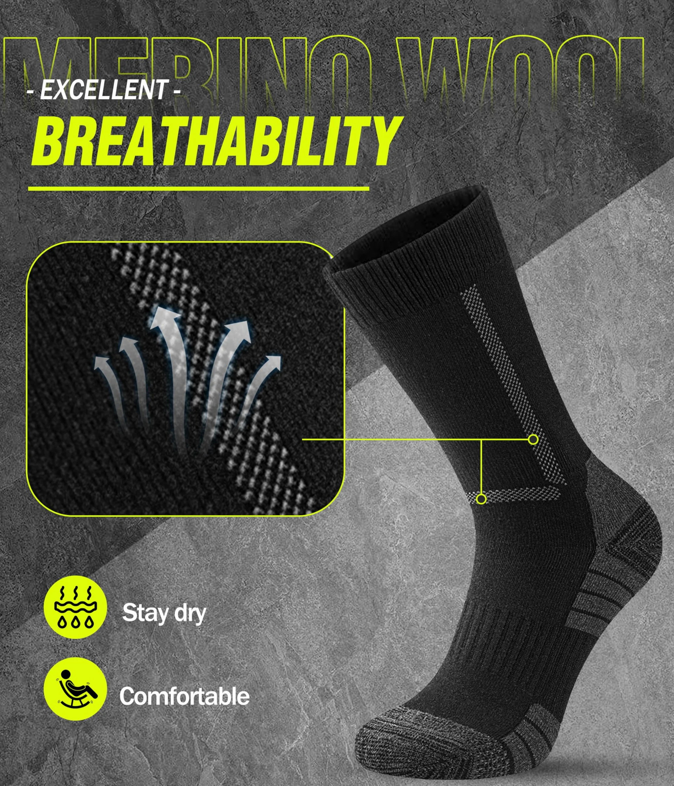 YESWEL 3 Pary Merino Skarpet Trekkingowych Dla Mężczyzn i Kobiet, 60% Wełna Merino Skarpety Termiczne, Zimowe Skarpety Zewnętrzne Z Amortyzacją Na Trekking i Sport