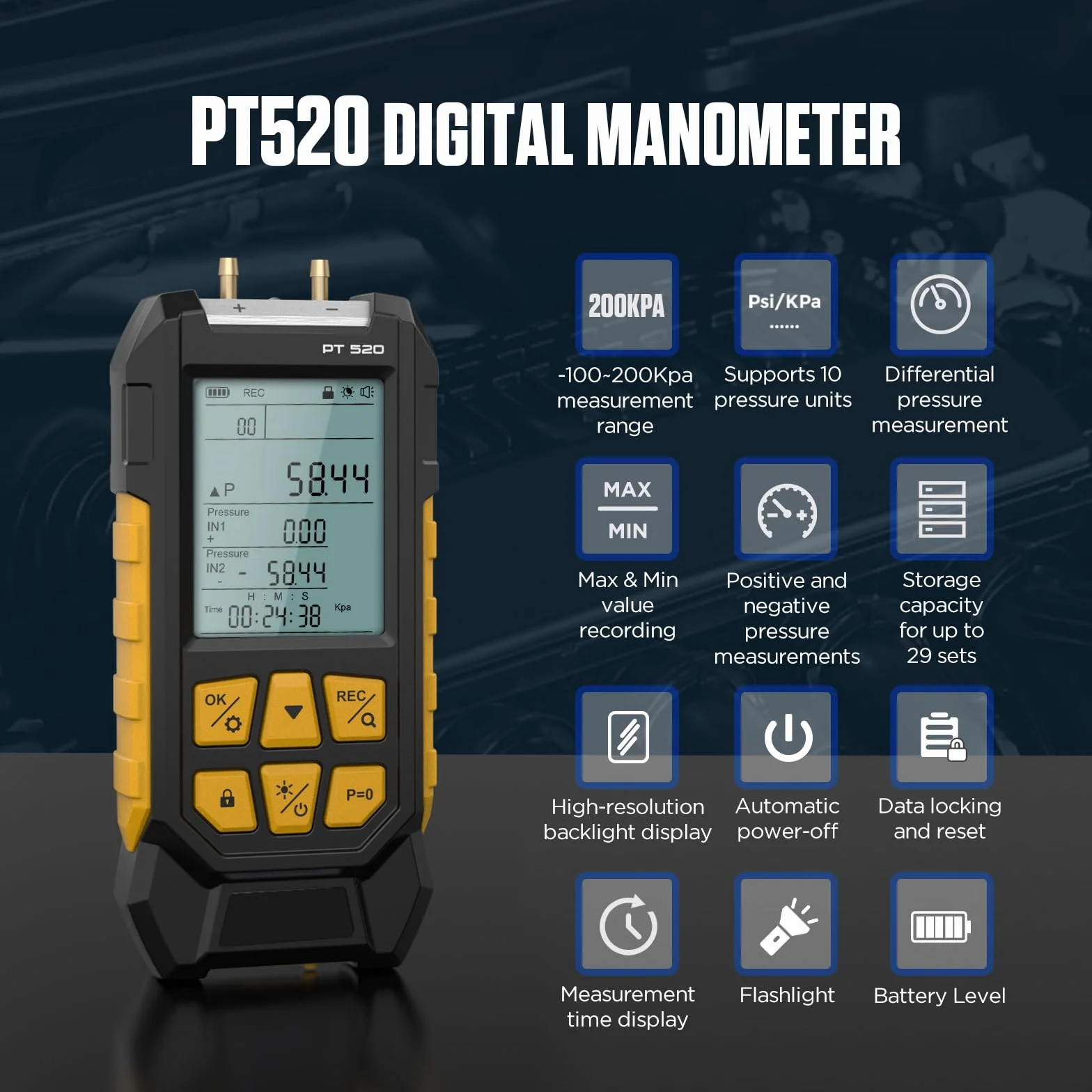 PT520 Cyfrowy manometr Manometr powietrza -100-200 KPa Rozdzielczość 0,01 Ciśnienie powietrza 11 jednostek Różnicowy Dwuportowy cyfrowy manometr HVAC Tester ciśnienia gazu