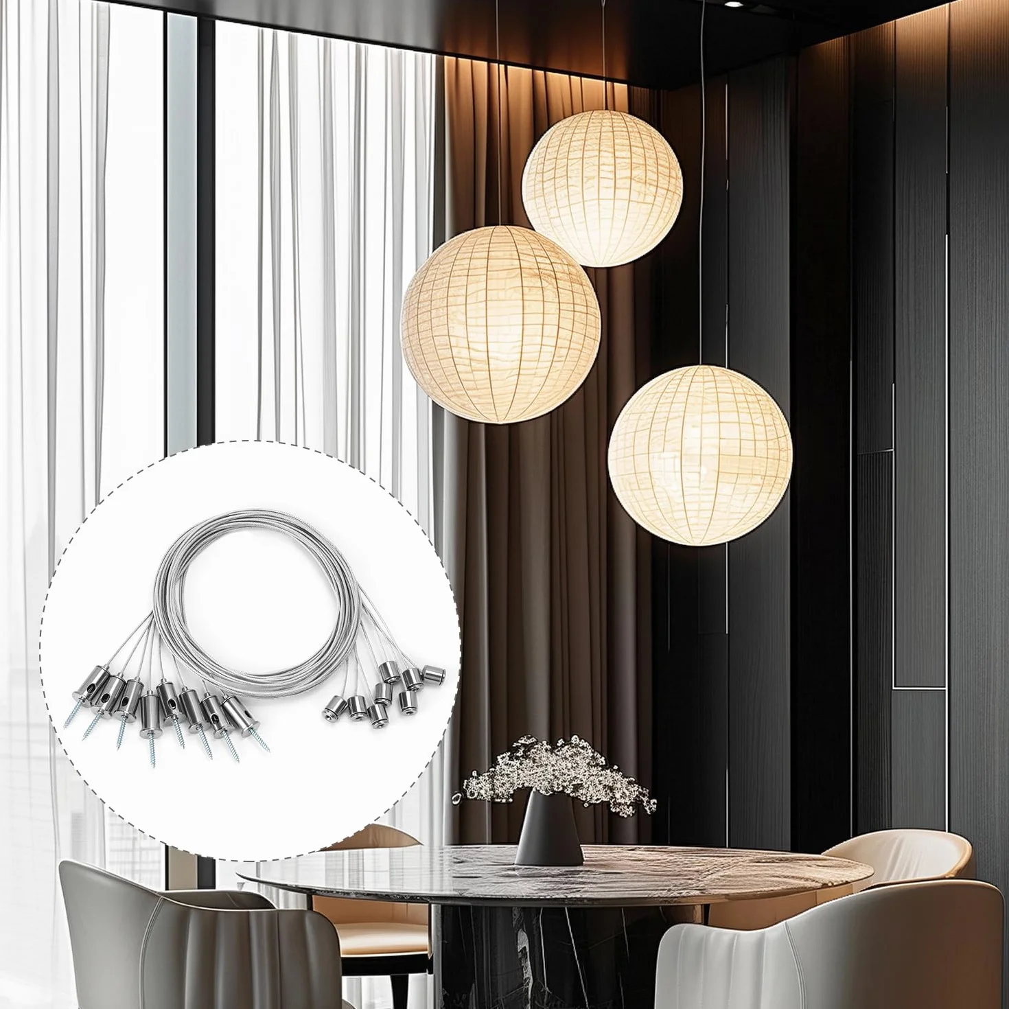 QWORK® 8 sztuk kabli hakowych ze stali nierdzewnej, 1,5 mm x 1,5 m, lina, kołek sufitowy, mocowanie sufitowe, do sufitu sufitowego, do sufitu sufitowego LED