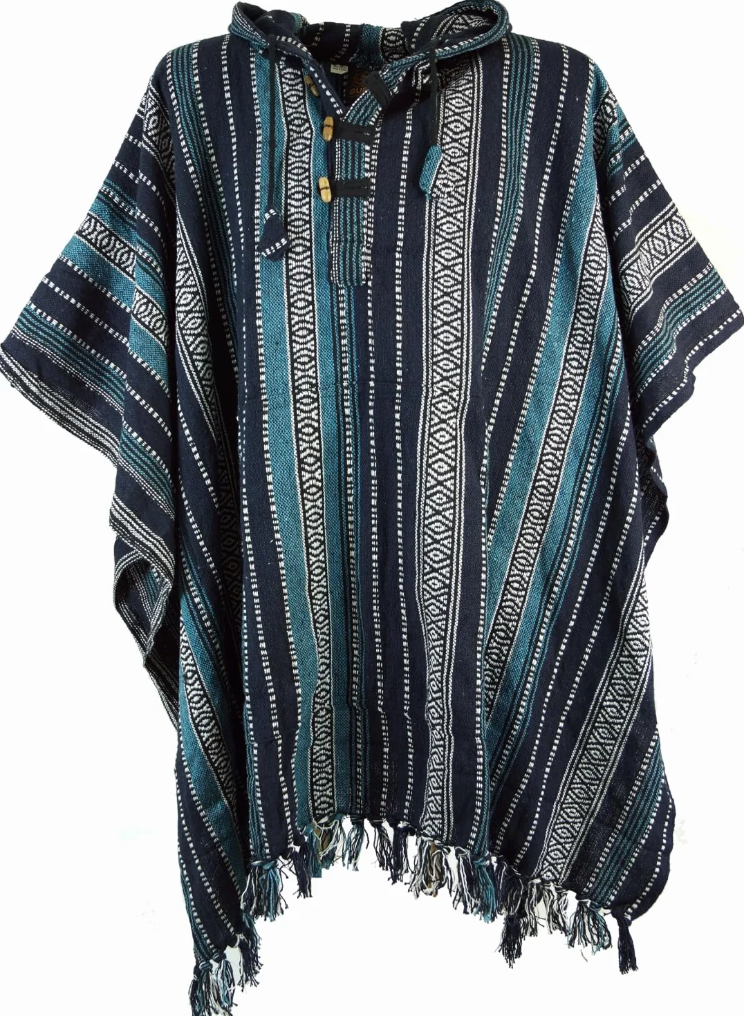 GURU SHOP Ponczo w stylu hippie, chic, etniczne ponczo, męskie/ damskie, niebieskie, z bawełny, rozmiar uniwersalny, kurtka z dzianiny, odzież alternatywa, niebieski/czarny, jeden rozmiar