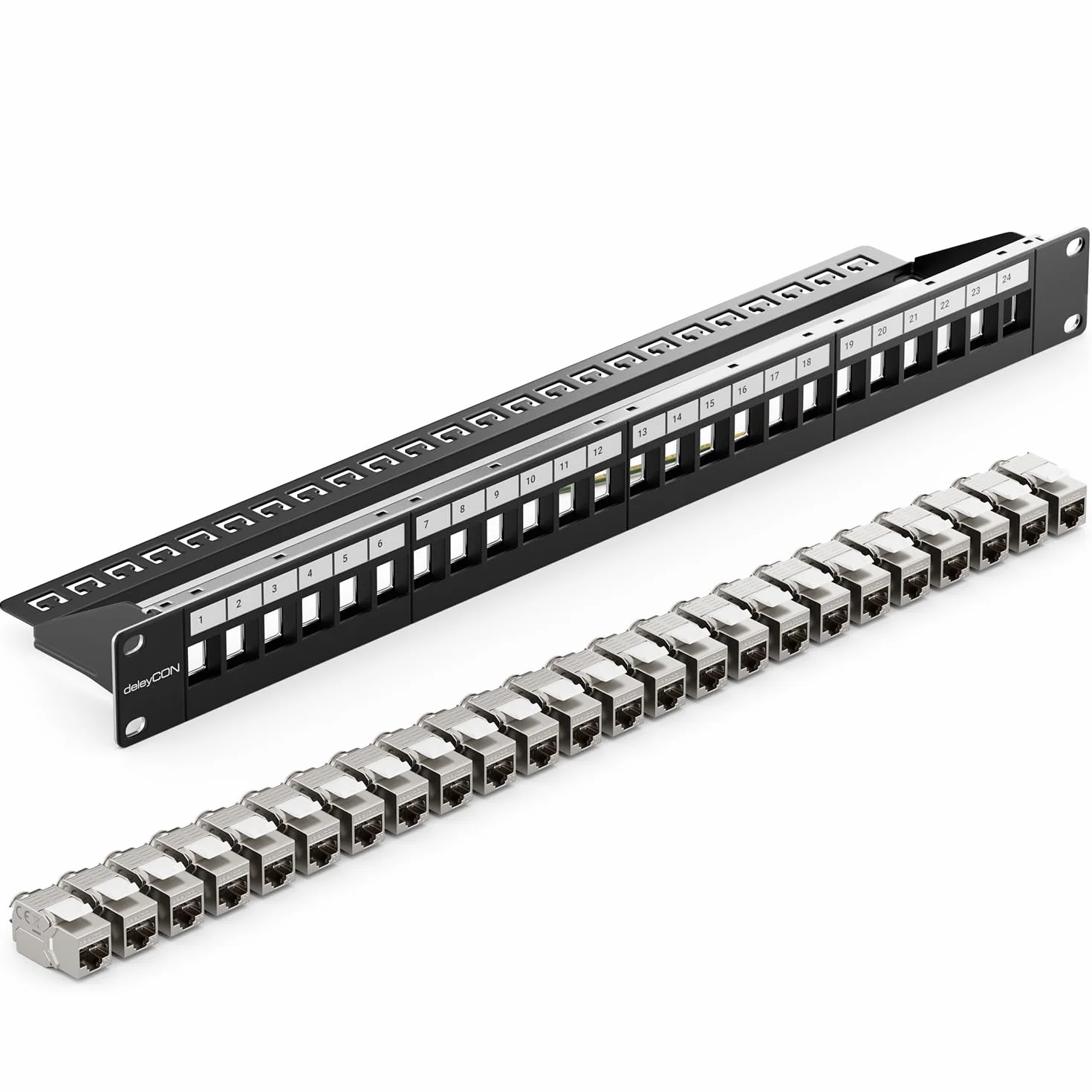deleyCON 24 Portów Zestaw Paneli Krosowych CAT7 Pole Łatki Pole Dystrybucji Modułowy 1 HE 19" Calowy Montaż w Szafie + 24x CAT 7 Moduły Keystone RJ45 10 Gbit/s 600 MHz Kabel do Układania Czarny