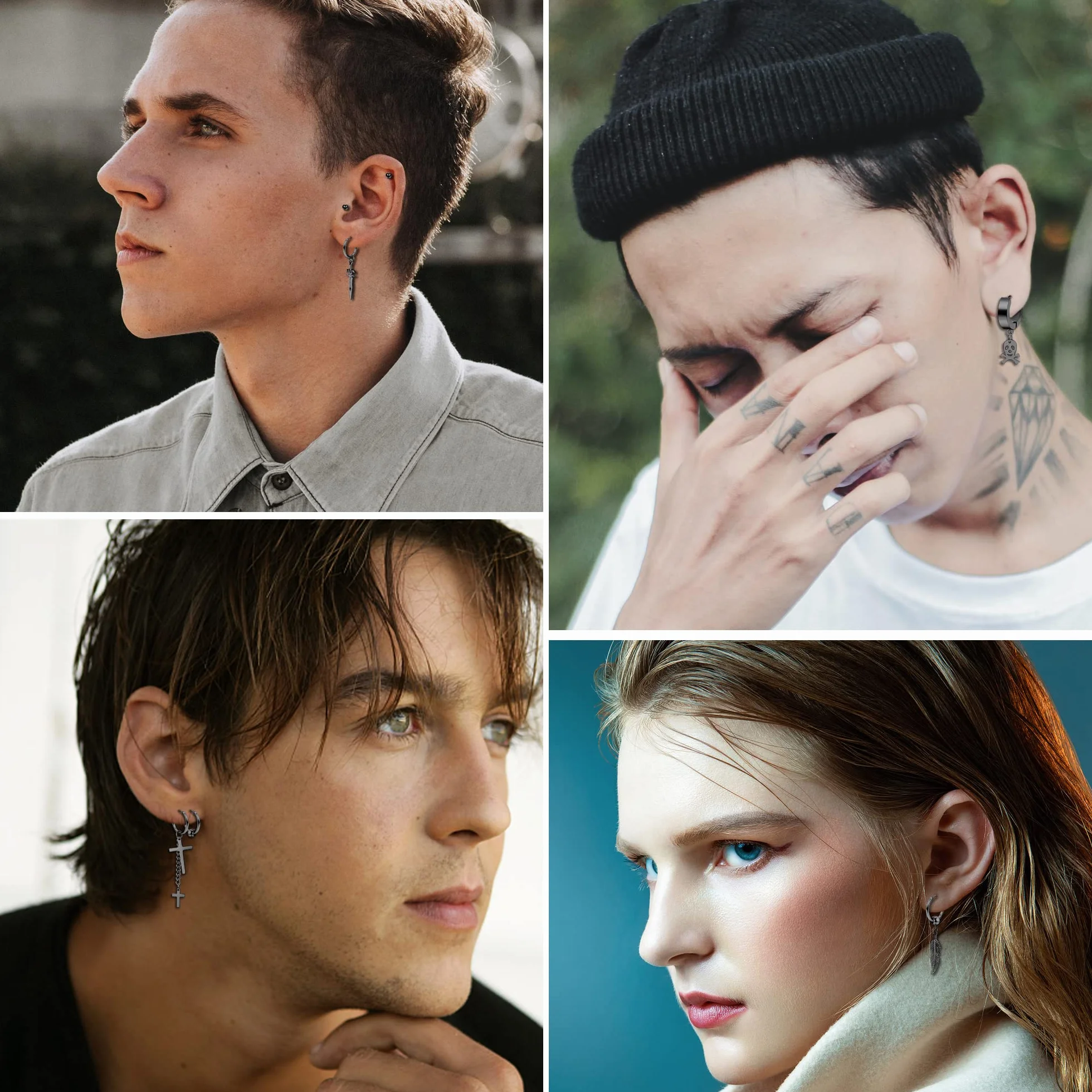 MILACOLATO Kolczyki obręcze ze stali nierdzewnej 316L dla mężczyzn i kobiet, wiszące kolczyki z łańcuszkiem, punk, gotyckie, k-pop, kolczyki, liść, krzyż, zestaw uniseks