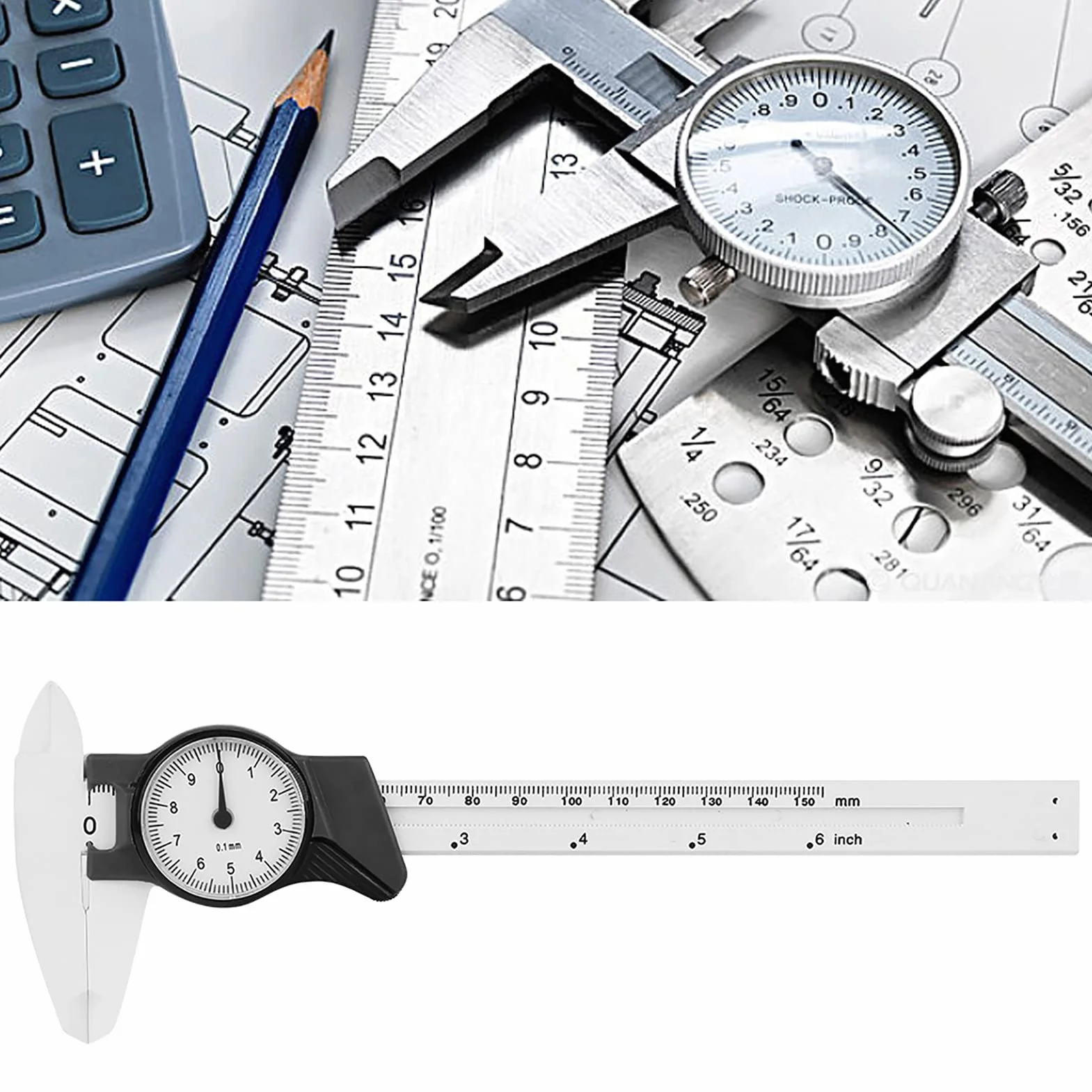 Vernier Suwmiarka 0,01 mm, szybkie i dokładne narzędzie pomiarowe z tworzywa sztucznego, do przemysłu biomedycznego, 0-150 mm (biały) + zacisk zegarowy