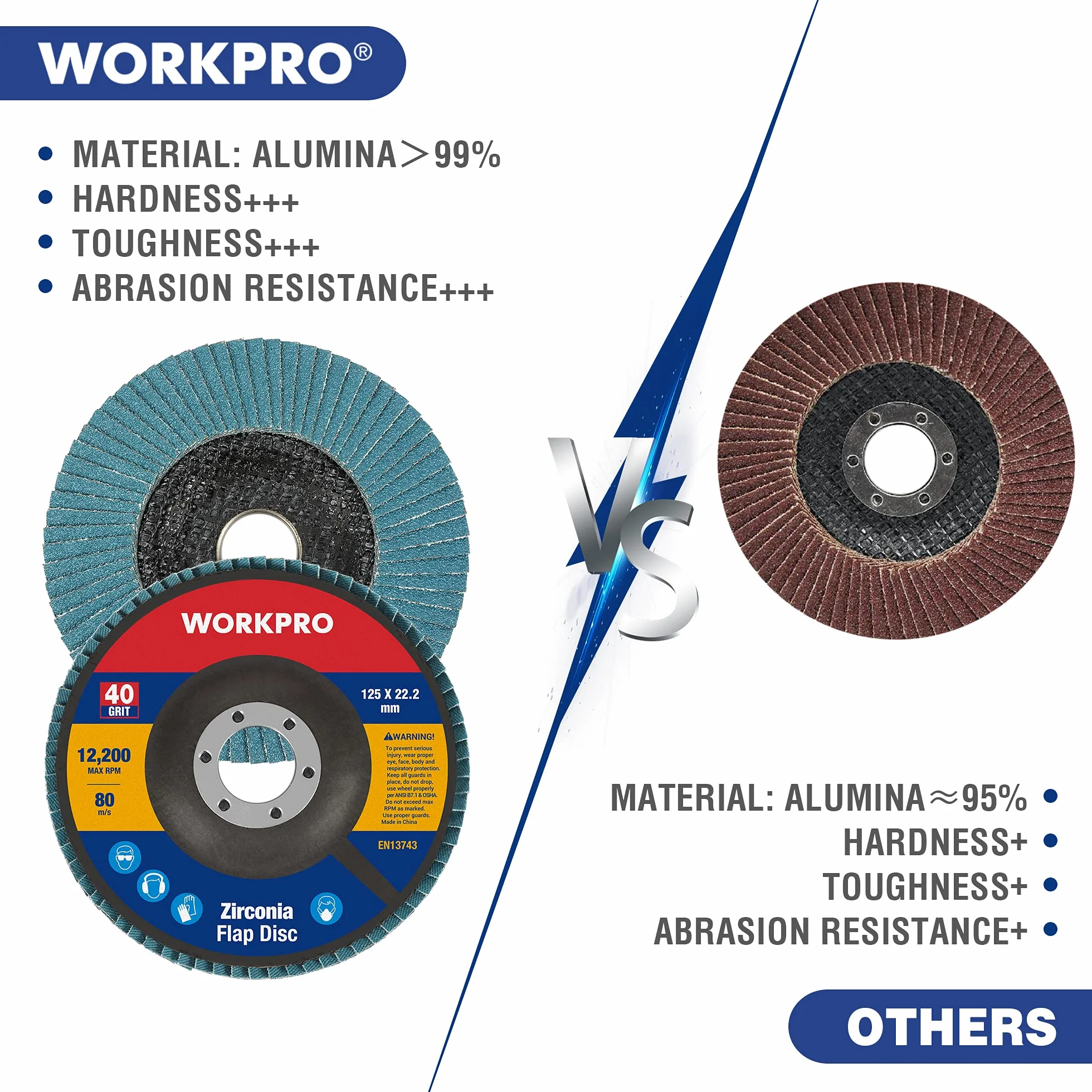 WORKPRO Profesjonalne tarcze wachlarzowe, 10 sztuk, Ø 125 mm x 22,2 mm, ziarnistość 40/60/80/120, niebieskie standardowe talerze szlifierskie do stali nierdzewnej