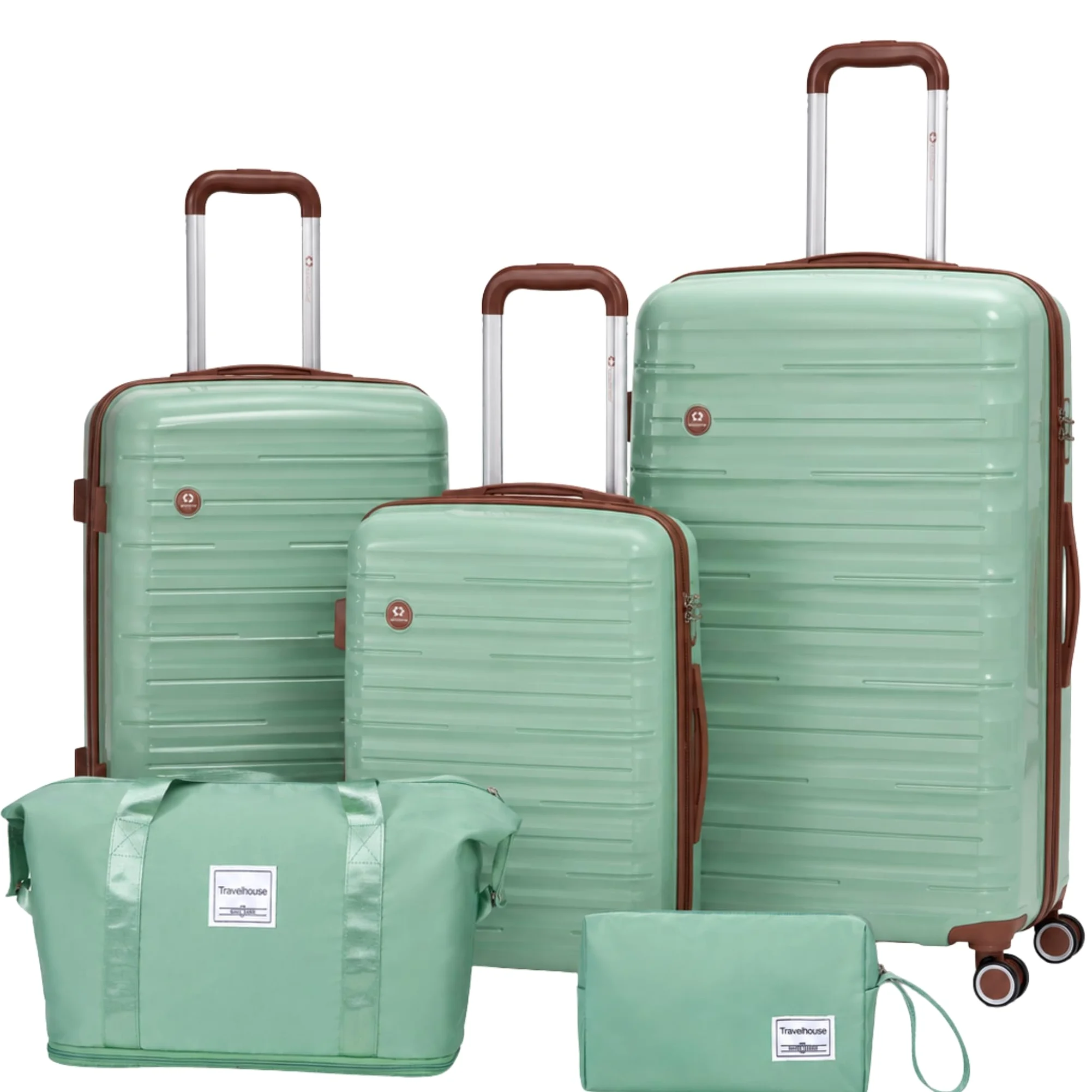 Travelhouse Ascona 5-częściowy zestaw bagażu, walizka na kółkach, poliwęglan + twarda obudowa ABS, torba podróżna i kosmetyczka, zestaw bagażu podręcznego, ciemnozielony, S, M, L, Zestaw walizek
