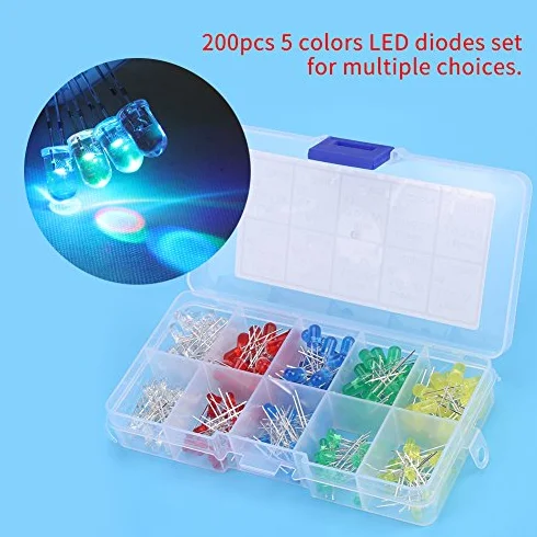 200szt. Diody LED 3mm i 5mm Diody elektroluminescencyjne LED Zestaw asortymentowy Komponenty elektroniczne Zestaw diod LED i rezystorów w różnych kolorach Czerwony Żółty Biały Zielony Niebieski