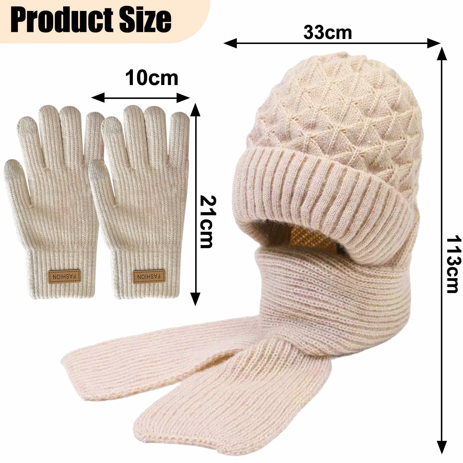 Zimowe rękawiczki damskie z czapką i szalikiem, dzianinowa czapka typu beanie pętla, elastyczna czapka z szalikiem dla kobiet, zimowa ciepła dzianinowa czapka, ciepła pluszowa podszewka
