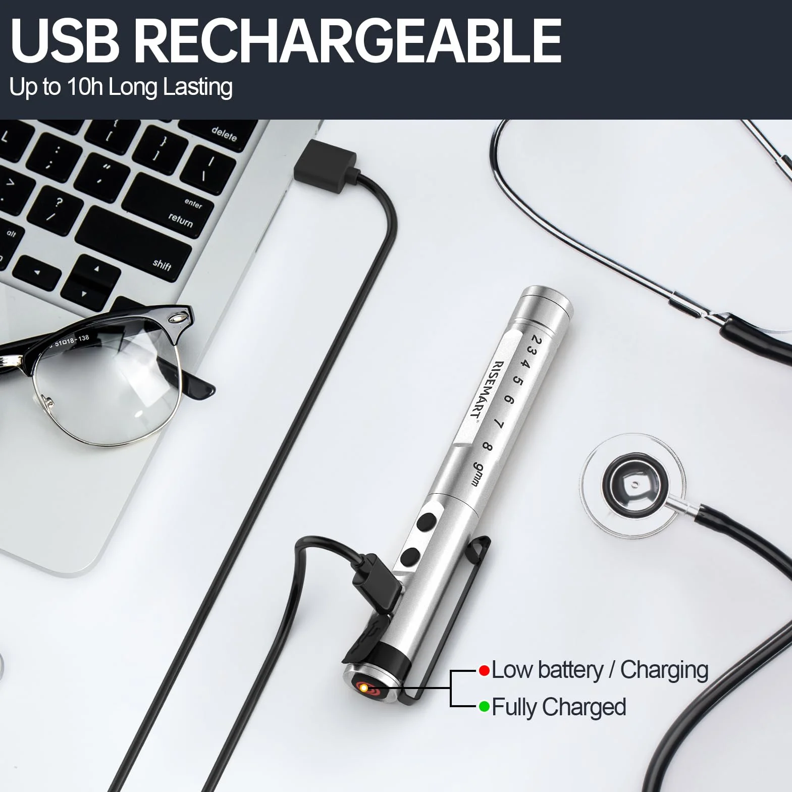 Lampa diagnostyczna, ładowalna lampa źrenicy LED, kabel USB, ciepła / zimna biel i bezstopniowe ściemnianie, przenośna, aluminiowa, medyczna lampa źrenicy z klipsem (sliber)
