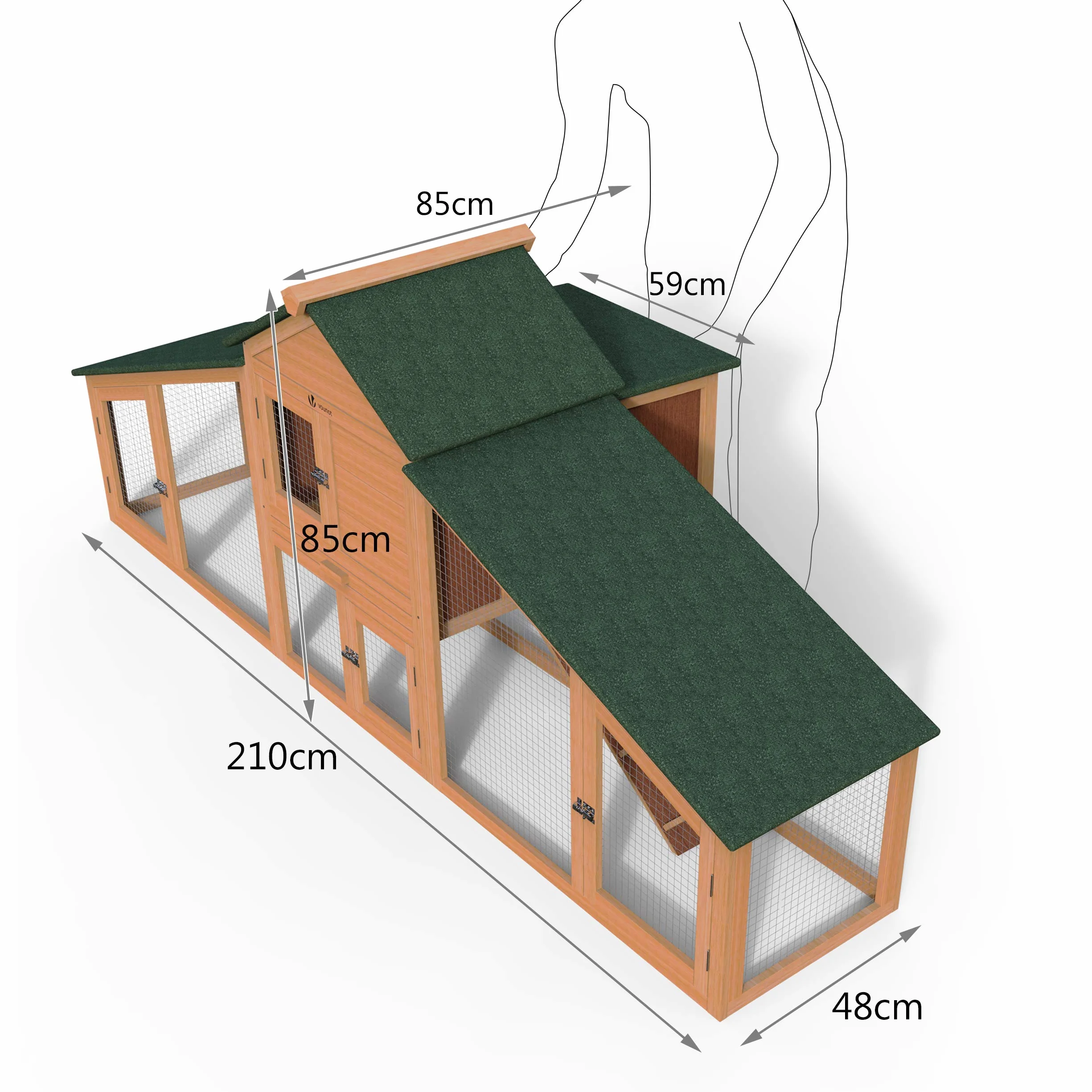 VOUNOT Drewniany kurnik z kur kur i kur 2 kurczaki 210x85 x 85 cm z ramami dostępowymi i zamykanymi drzwiami Duża przestrzeń aktywności, idealna dla małych zwierząt królików