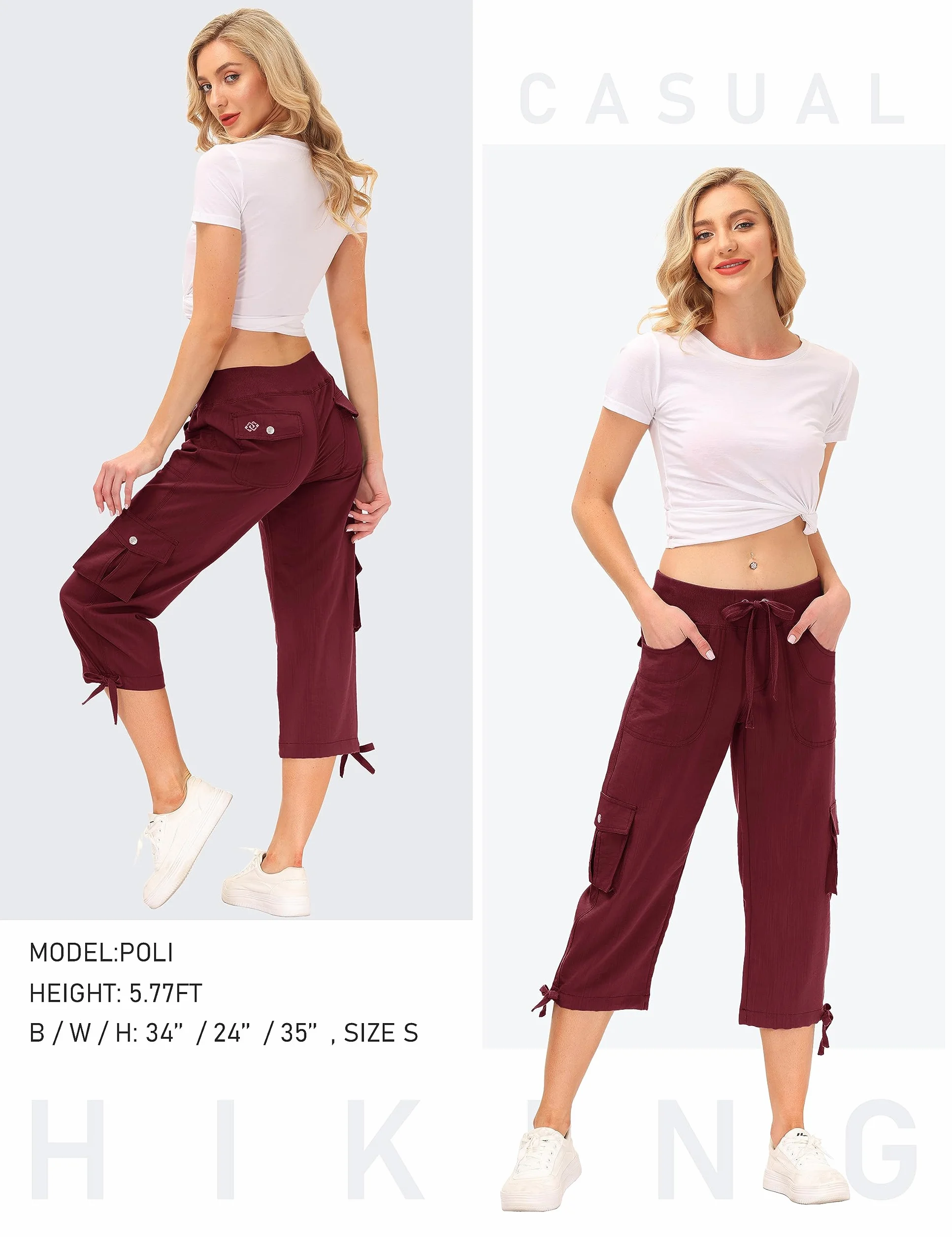 JINSHI Spodnie damskie cargo 3/4 Capri trekkingowe z wieloma kieszeniami