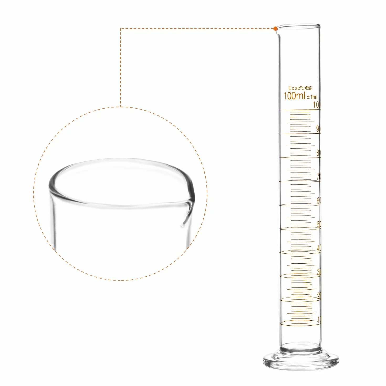 Szklany cylinder miarowy 100 ml, szkło borokrzemowe, gruba ścianka