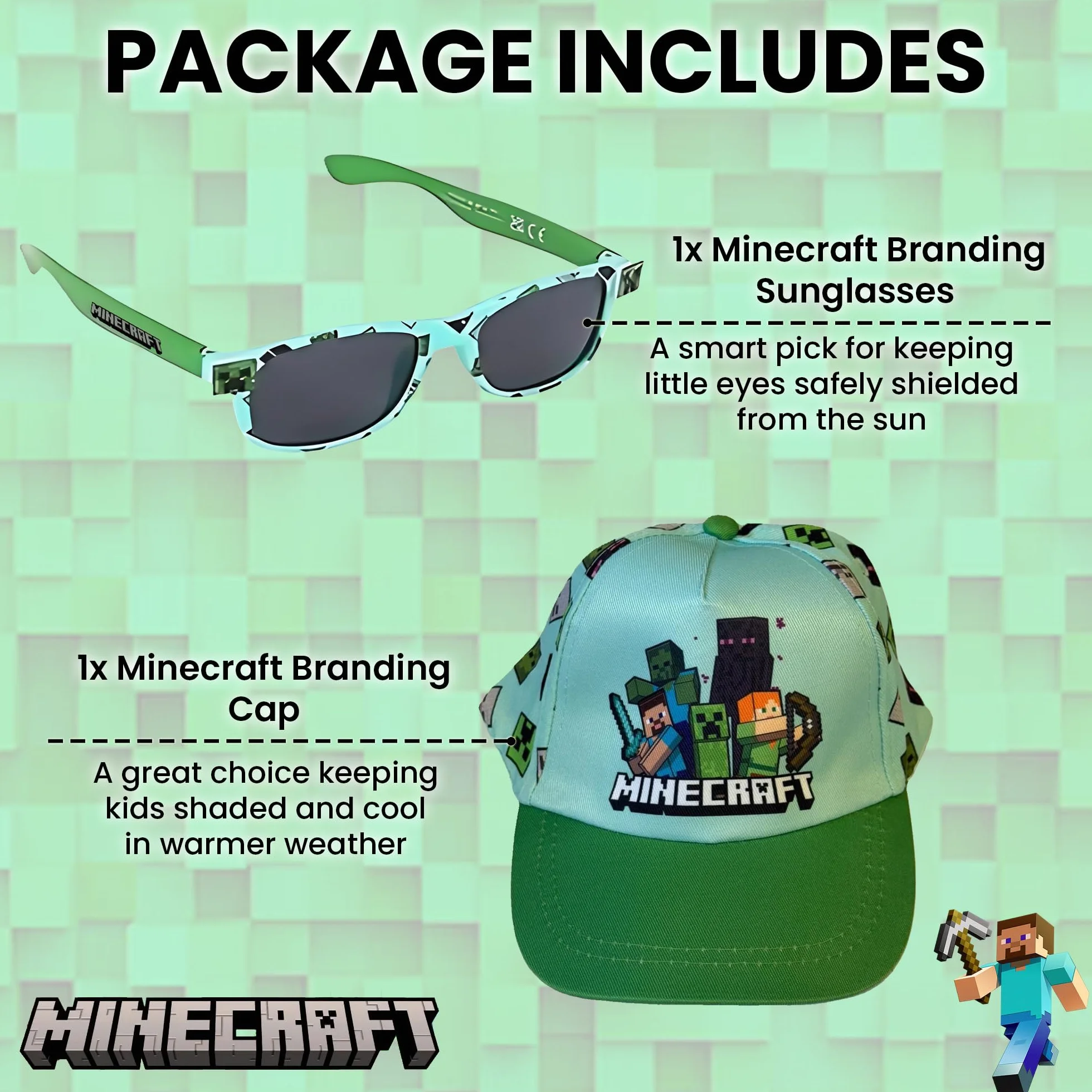 Toys & Gamers Czapka Minecraft i bezpłatny zestaw okularów przeciwsłonecznych, jasnoniebieski i zielony, akcesoria postaci dla dzieci