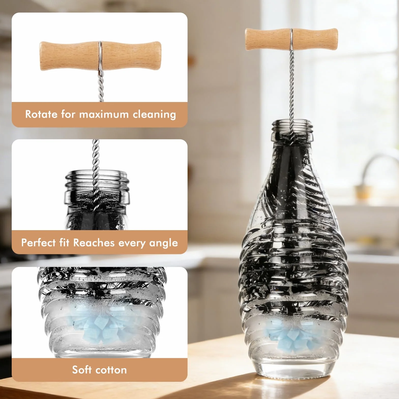 Zestaw 2 szczotek do butelek, kompatybilne z butelkami szklanymi Sodastream, 33 cm + 28 cm, z uchwytem ze stali nierdzewnej 304, twardym nylonowym włosiem i głowicą gąbkową, nie rysuje butelek