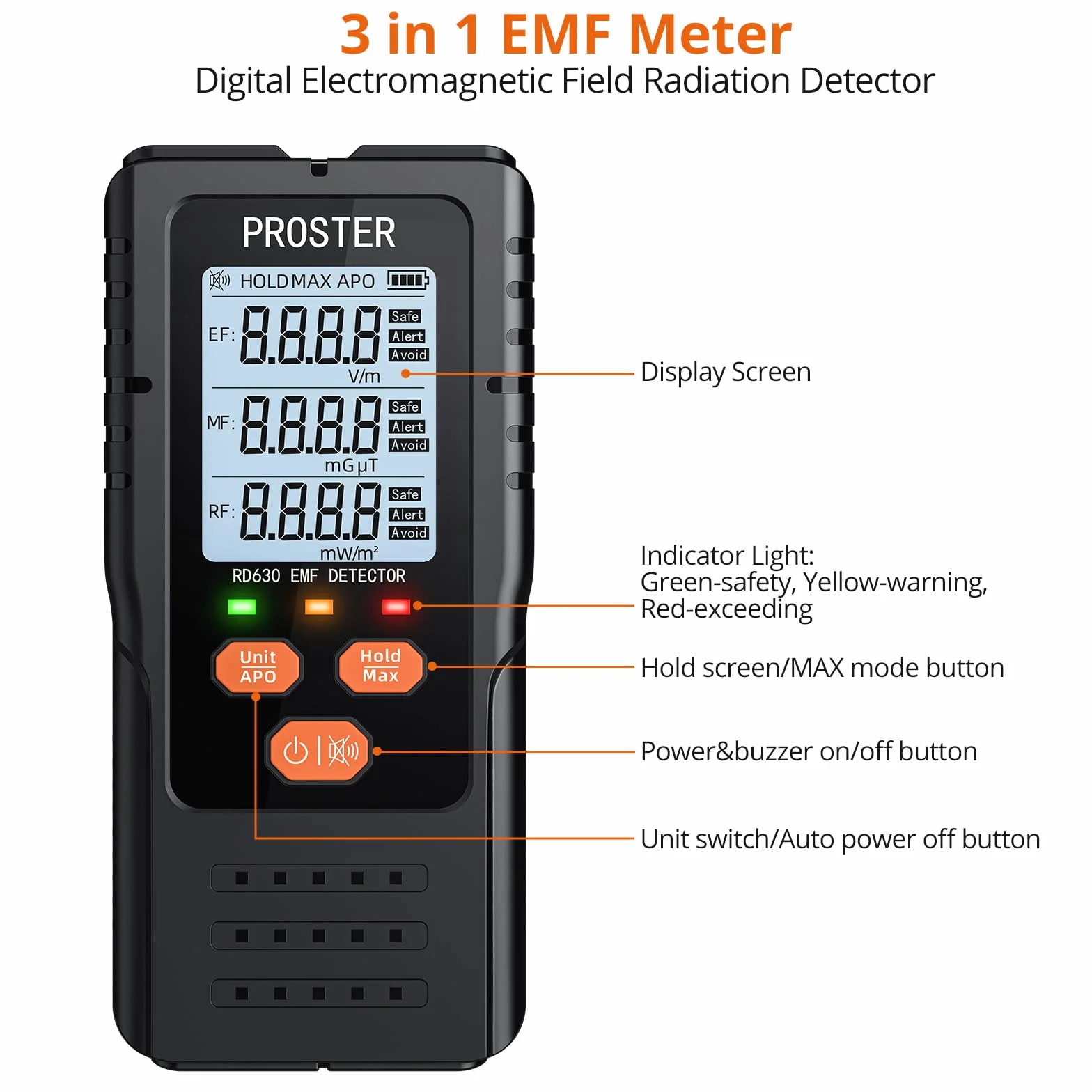 Proster EMF cyfrowy detektor promieniowania 3 w 1 do pól elektromagnetycznych EF RF MF, maszt komunikacyjny 5G, detektor sygnału WiFi do inspekcji EMF w domu i w biurze oraz polowania na duchy
