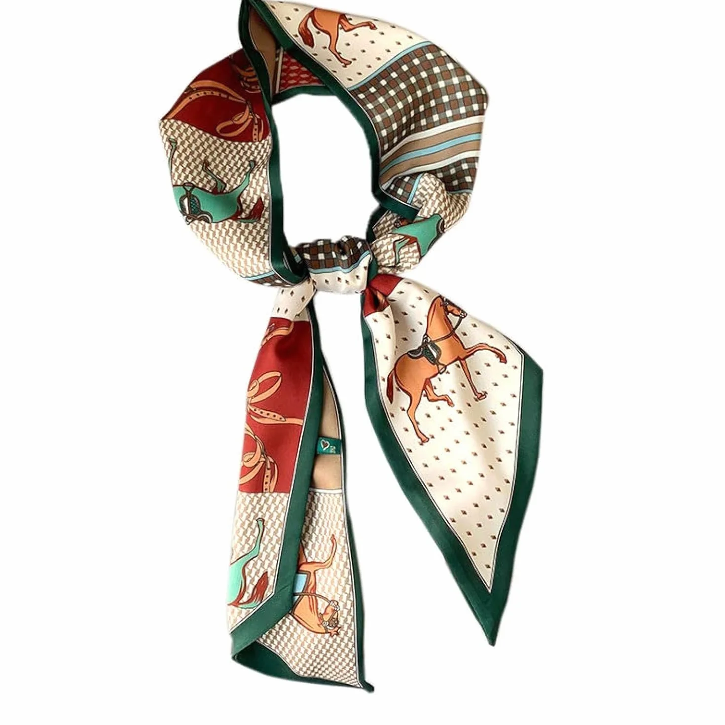 Reprodukcja monogramu jedwabny szalik, opaska na głowę koński ogon, jedwabny pasek na szalik, chusta na kokardę, długi jedwabny szalik, Czerwony koń, Rozmiar uniwersalny