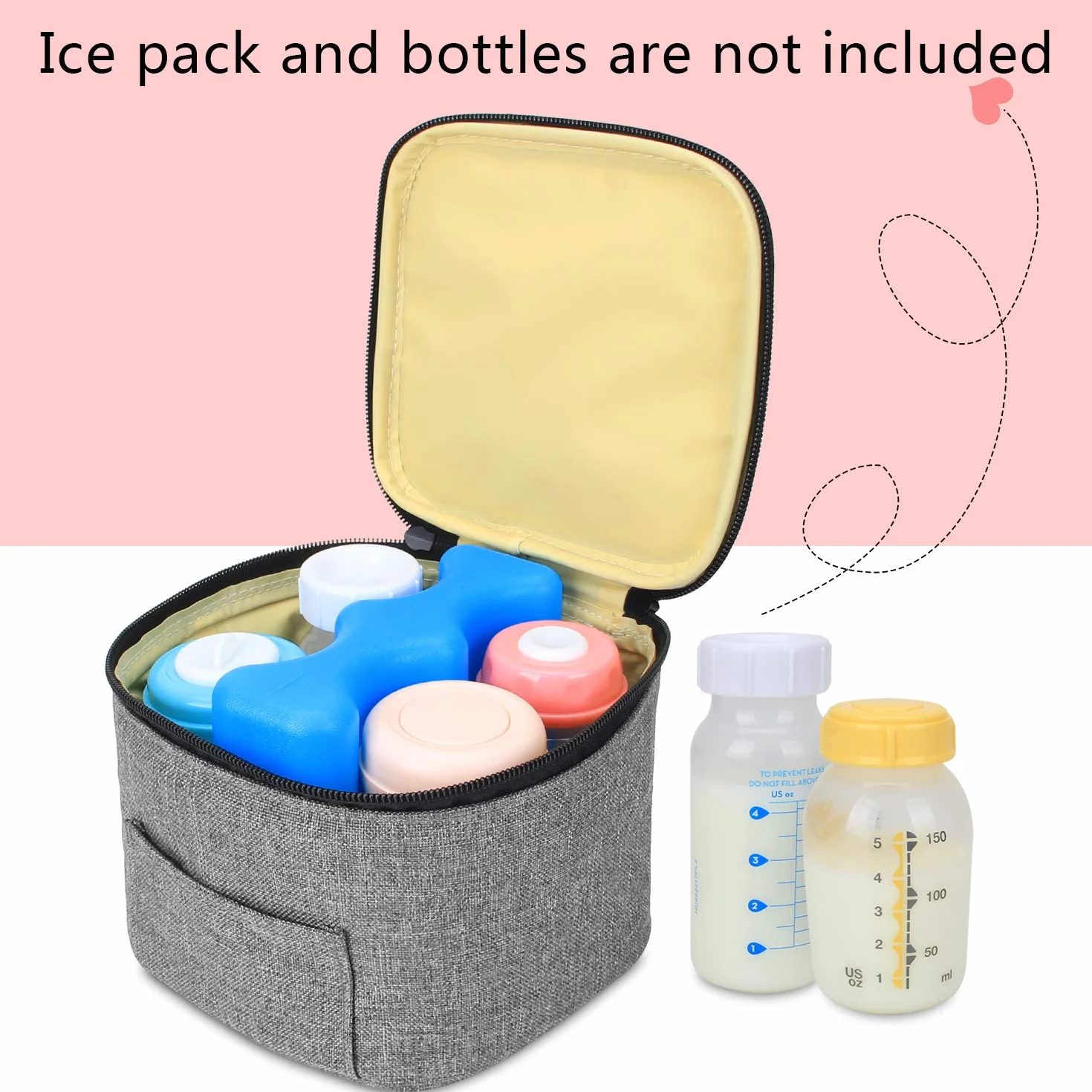 Luxja Torba chłodząca na 4 butelki na mleko matki (150 ml), szczelna torba do transportu mleka (butelki dla niemowląt 120-150 ml), szara
