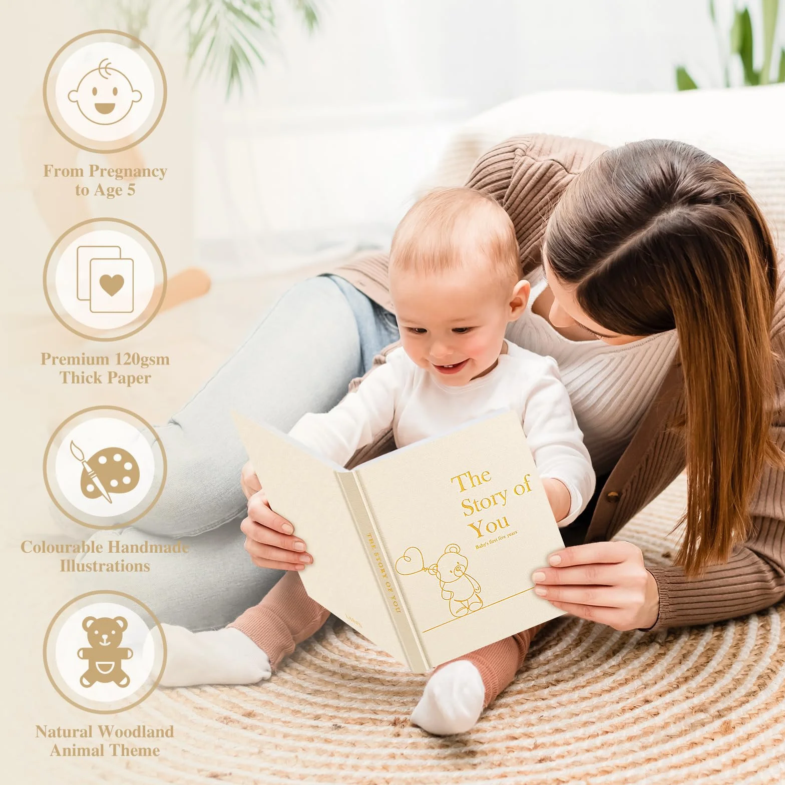 Lanpn Album ze zdjęciami dla dziecka Pierwszy 5 Rok dla chłopca dziewczynki, The Story of Your Baby Memory Book, Pamiętnik Baby Book, Dziennik dla noworodków Prezent (beżowy, angielski, 154 strony)