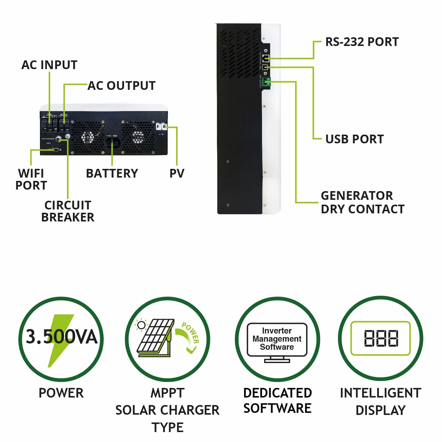 Tecnoware Power Systems Falownik hybrydowy ATA Solar 3500VA, Czysta fala sinusoidalna, MPPT, Fotowoltaika, kompaktowy, Zwiększa autosuficjność energetyczną instalacji z panelami fotowoltaicznymi