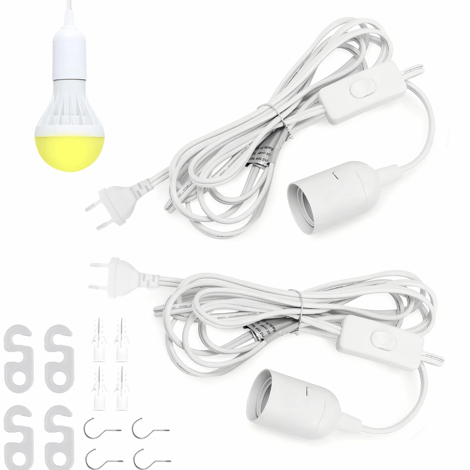 2 sztuki oprawek E27 z przełącznikiem, adapter gniazda wtykowego E27, przewód zasilający 2 m i wtyczka UE do lamp DIY, do zawieszenia lampy, lampa wisząca, salon, kuchnia, kolor biały
