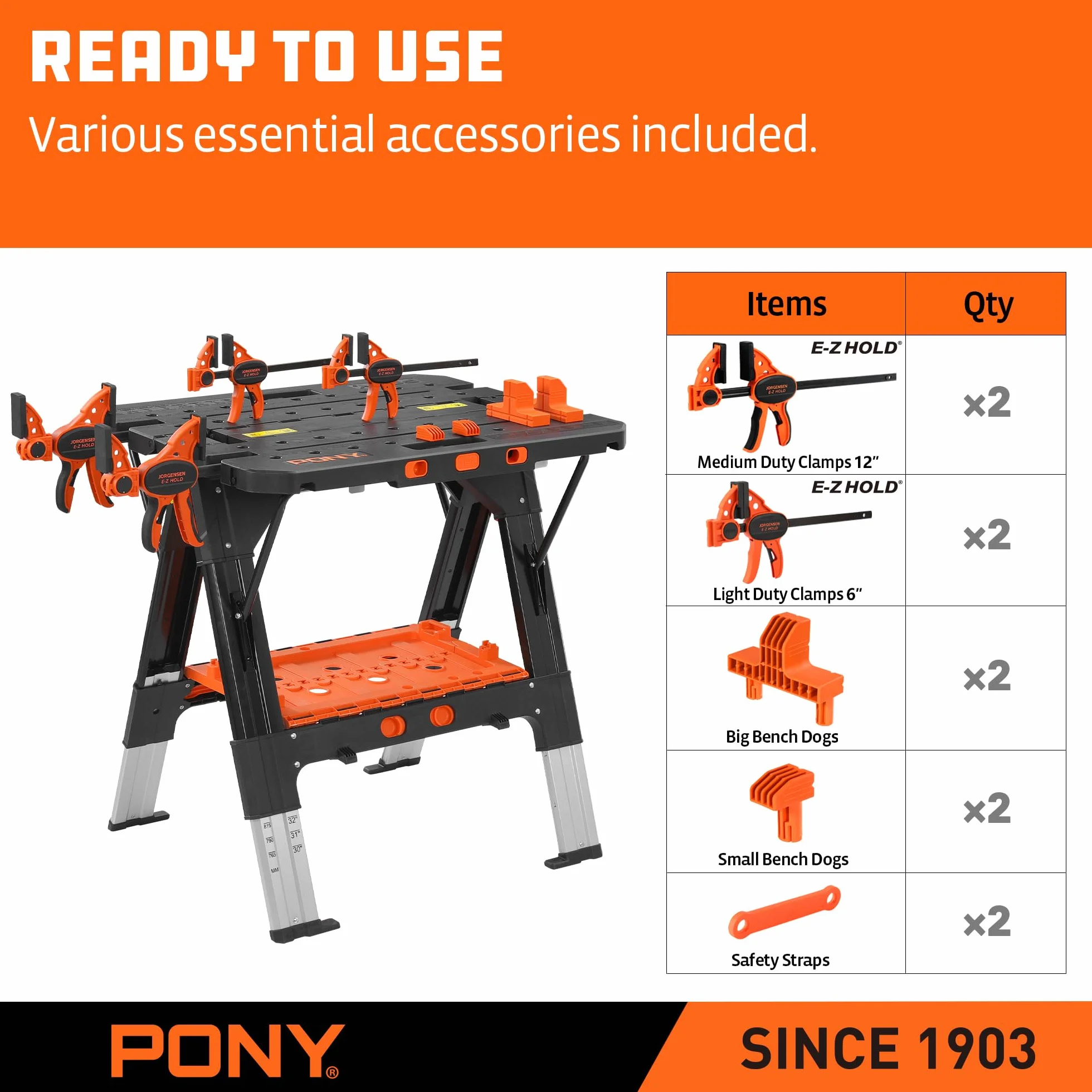 PONY Stół roboczy 2 w 1 z 2 zaciskami spustowymi