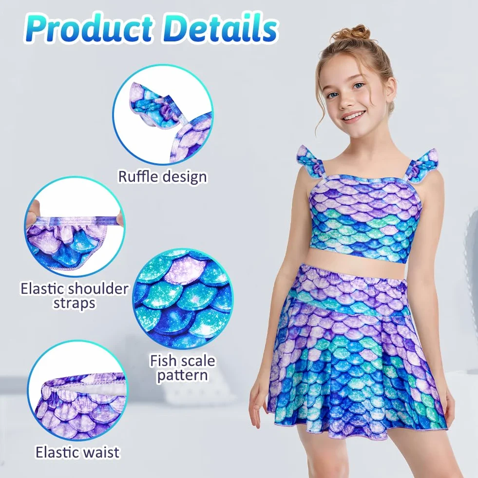 Zestaw bikini dla dziewczynek, strój kąpielowy dla dziewczynek, trzyczęściowy strój kąpielowy składający się z góry, majtek, spódnicy, idealny na letnią plażę