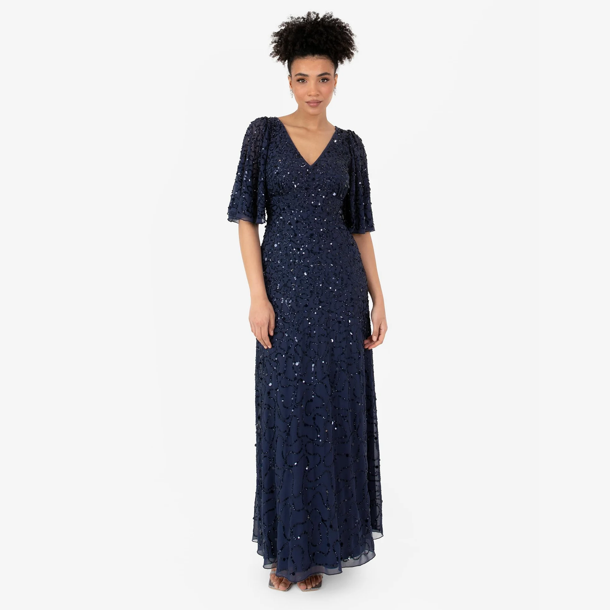 Maya Deluxe Damska sukienka maxi, dekolt w serek, krótka sukienka aniołowa, wybijana linia A Bridesmaid Wedding Guest Prom Ball Gown, granatowa, 44, granatowy, 44