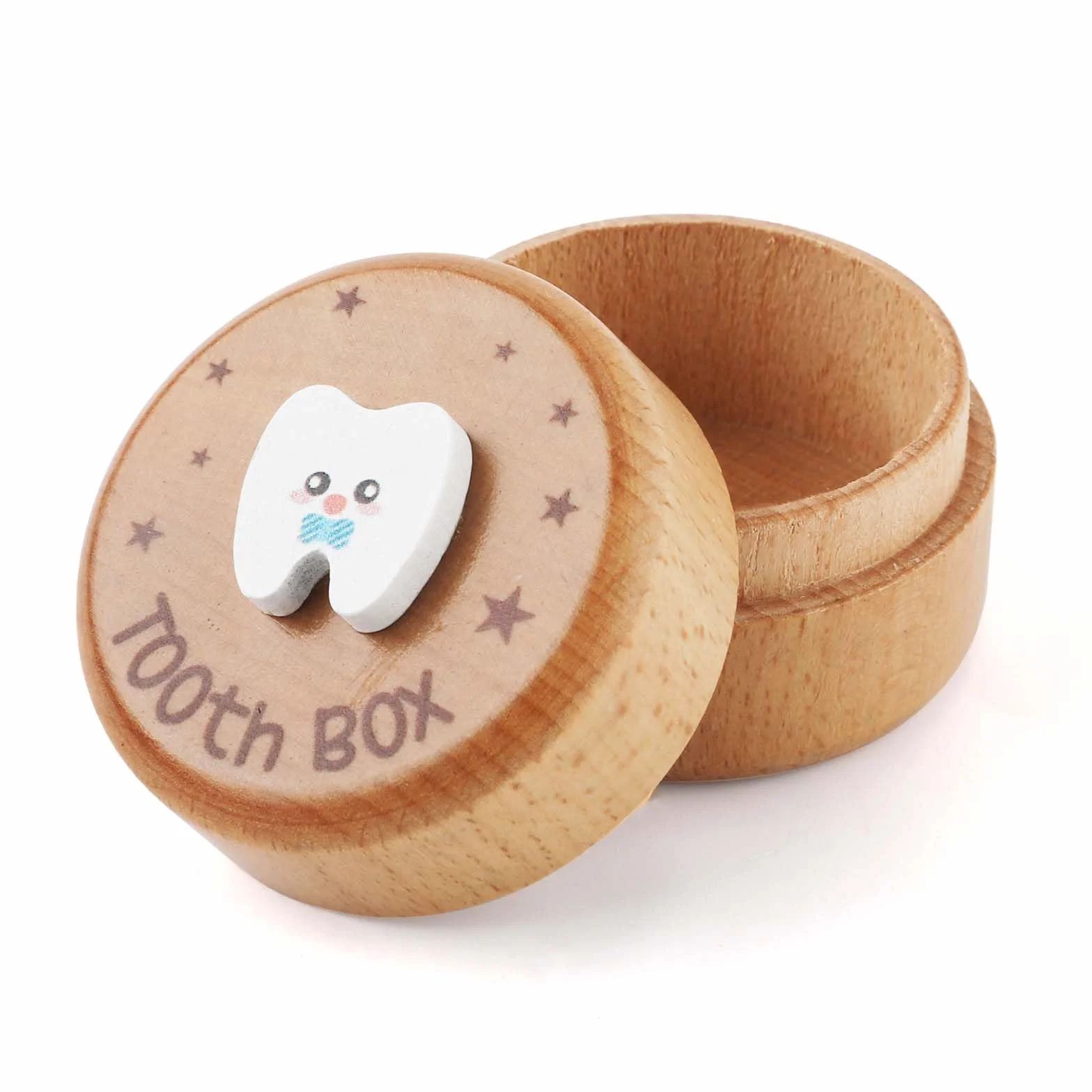 Drewniane Pudelko na Zeby, Tooth Box Sliczne 3D Bialy Zab Obraz Animowany Pojemnik Zeby Etui Nadrukiem Gwiazdki Przechowywania Upadlych Zebów dla Chlopca Dziewczyna Pamiatka Zebów