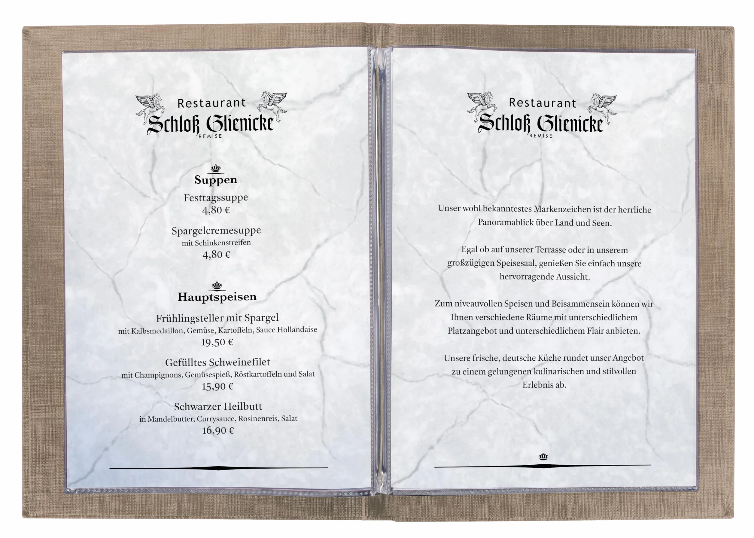 SIGEL SM211 teczka na menu z elastycznym sznurkiem, z 2 przezroczystymi kieszeniami na 8 arkuszy DIN A5, menu tłoczone, ciemnobeżowy