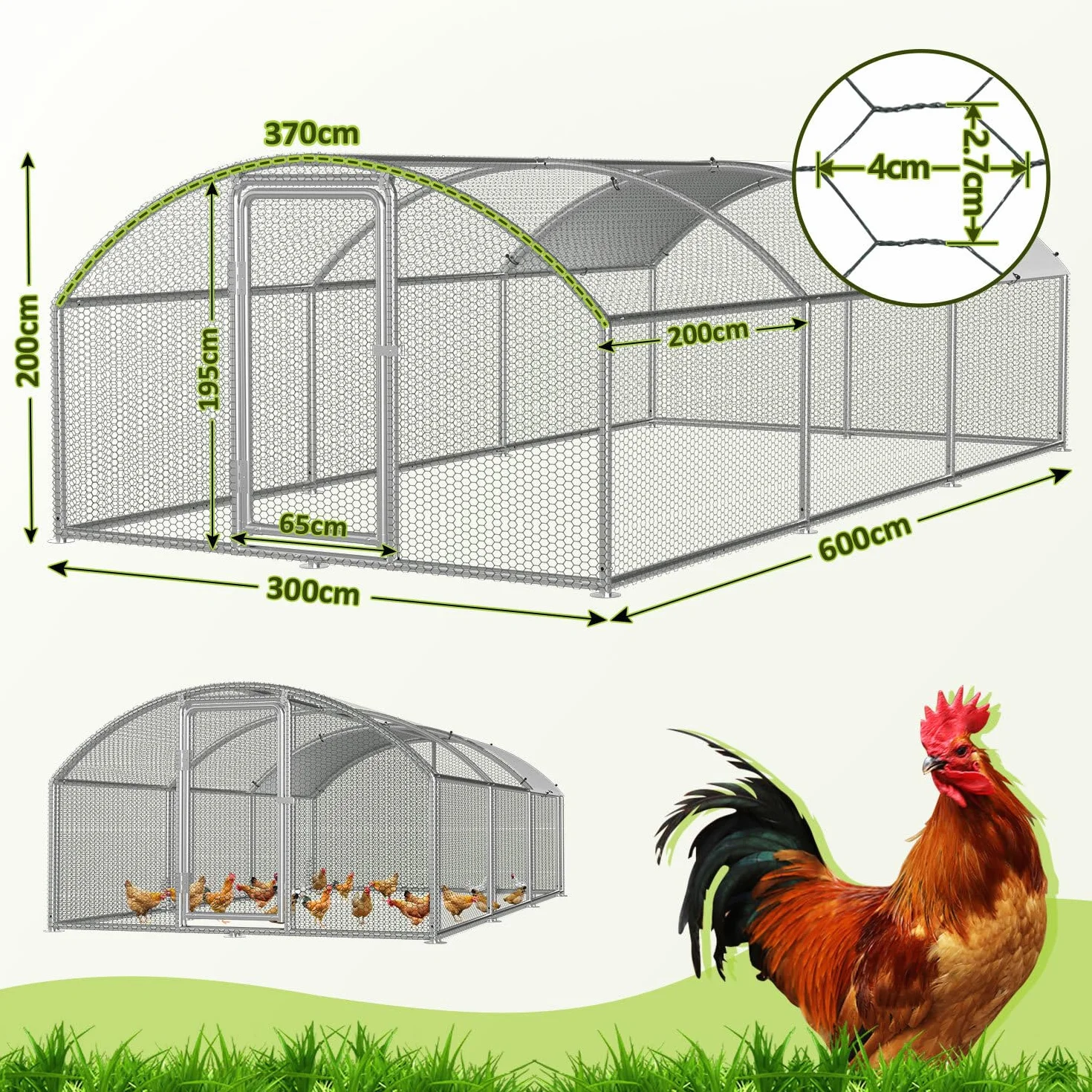 Wybieg wolnostojący 3x6x2m – Dostępny kurnik z metalowym łukowym nasadzeniem, wybieg, klatka dla kur, kojec dla małych zwierząt, woliera z plandeką dachową, kojec dla zwierząt domowych dla kur